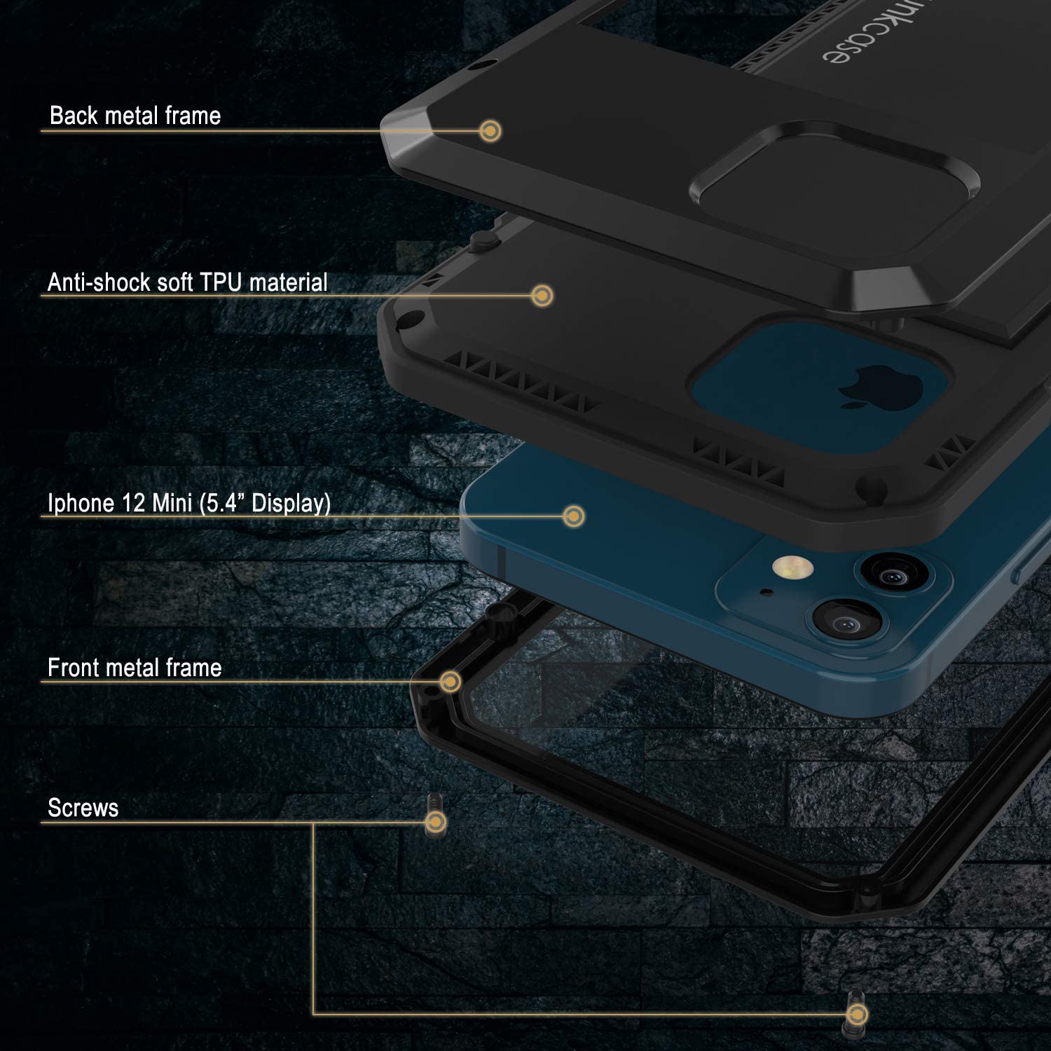 iPhone 12 Mini Metal Case, Heavy Duty Military Grade Armor Cover [shock proof] Full Body Hard [Black]