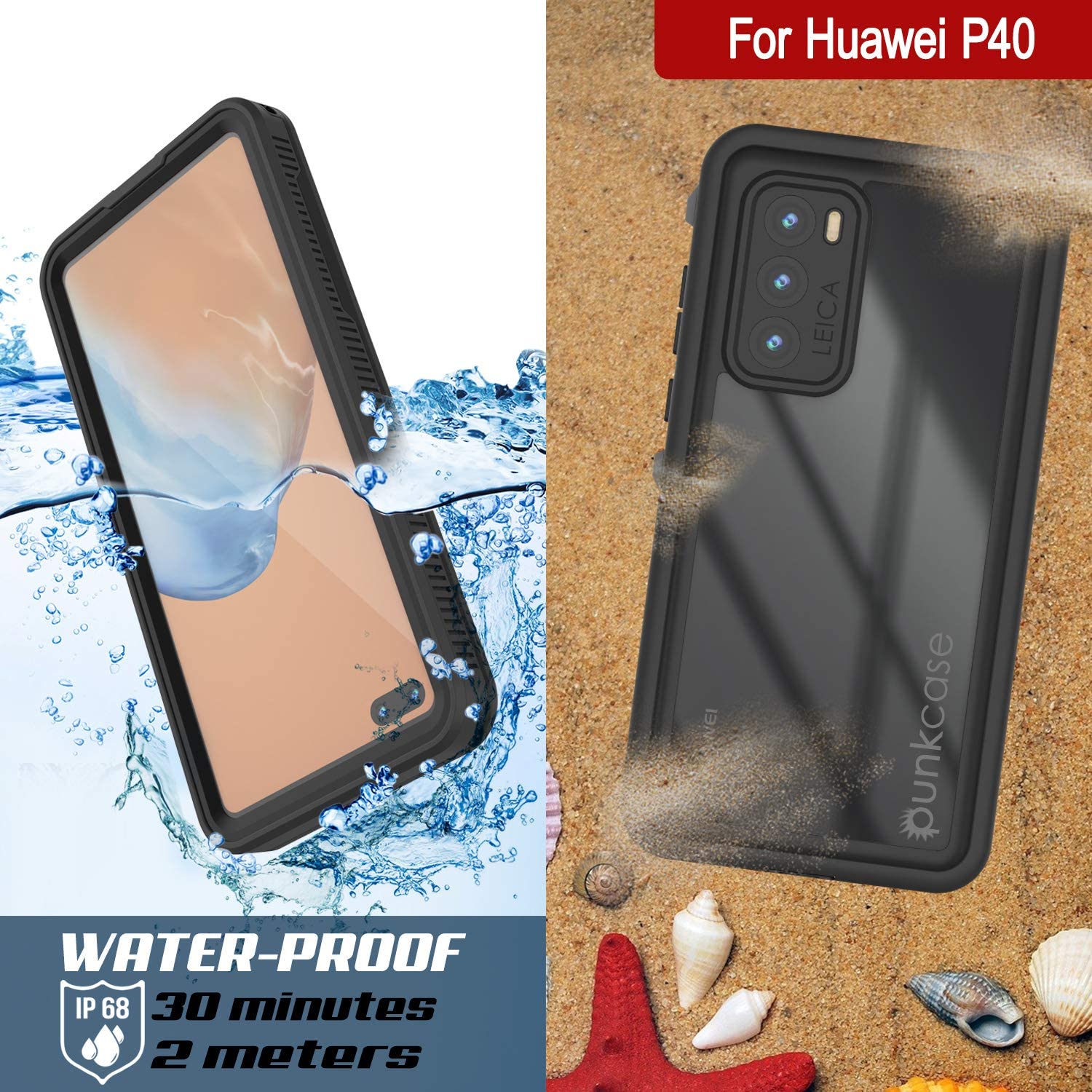 Huawei P40 Waterproof IP68 Case, Punkcase [Black] [StudStar Series] [Slim Fit]