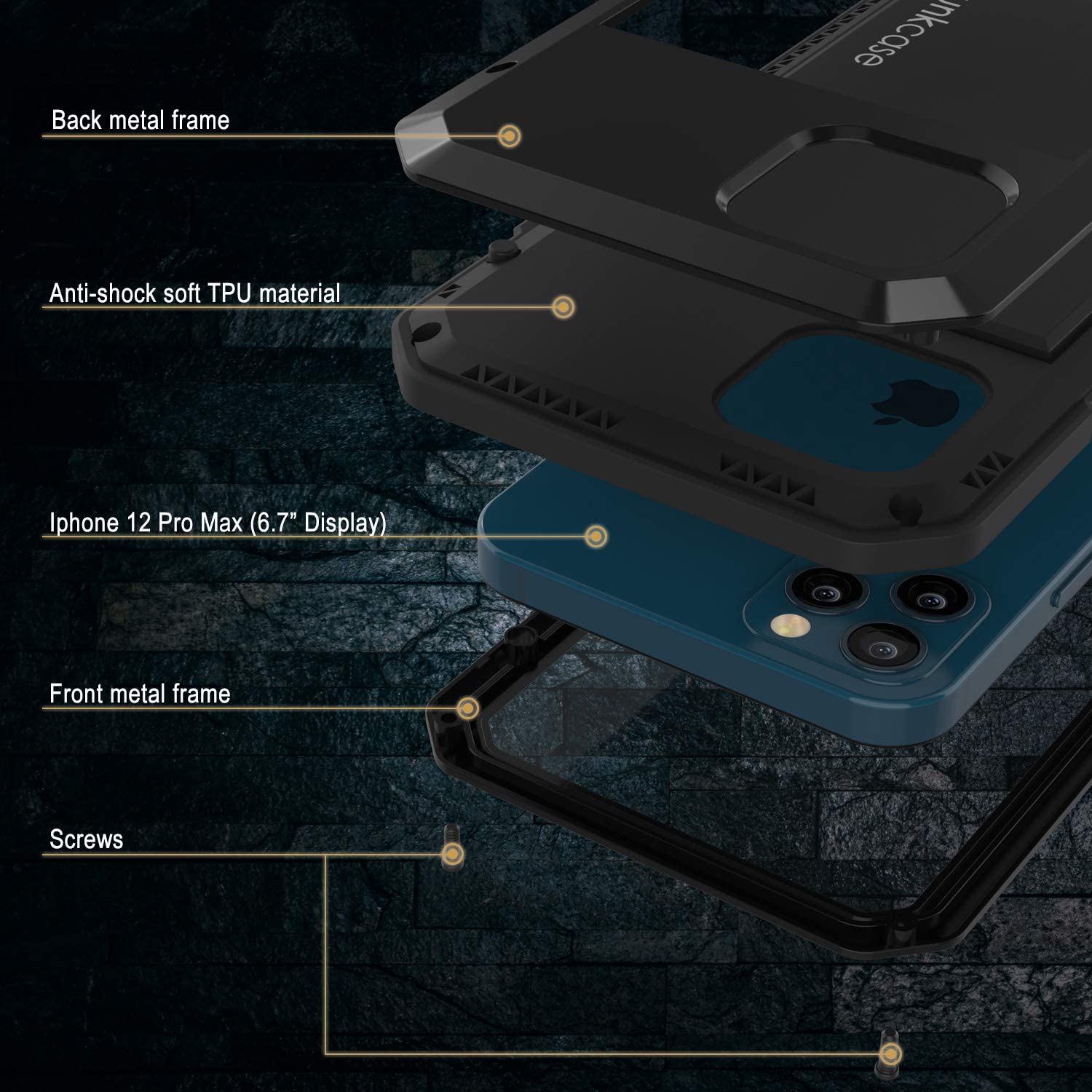 iPhone 12 Pro Max Metal Case, Heavy Duty Military Grade Armor Cover [shock proof] Full Body Hard [Black]