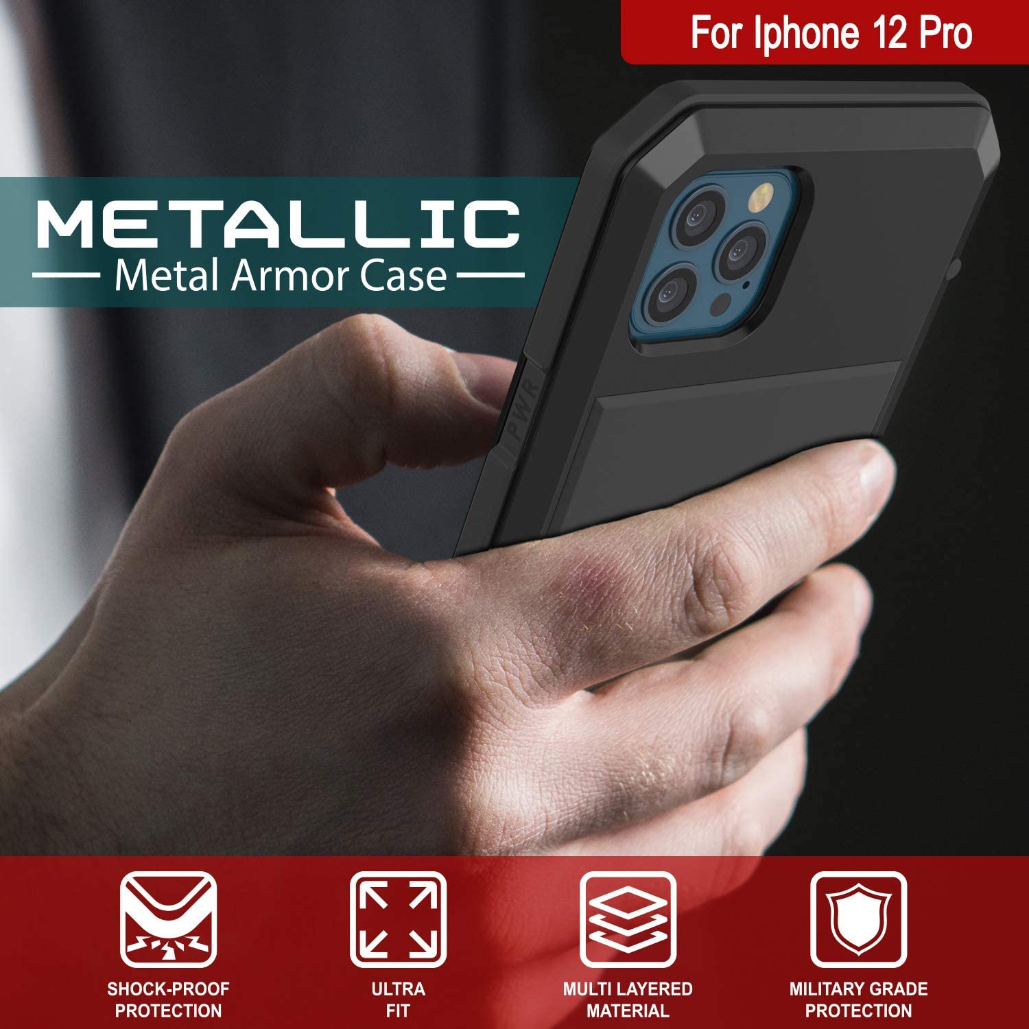 iPhone 12 Pro Metal Case, Heavy Duty Military Grade Armor Cover [shock proof] Full Body Hard [Black]