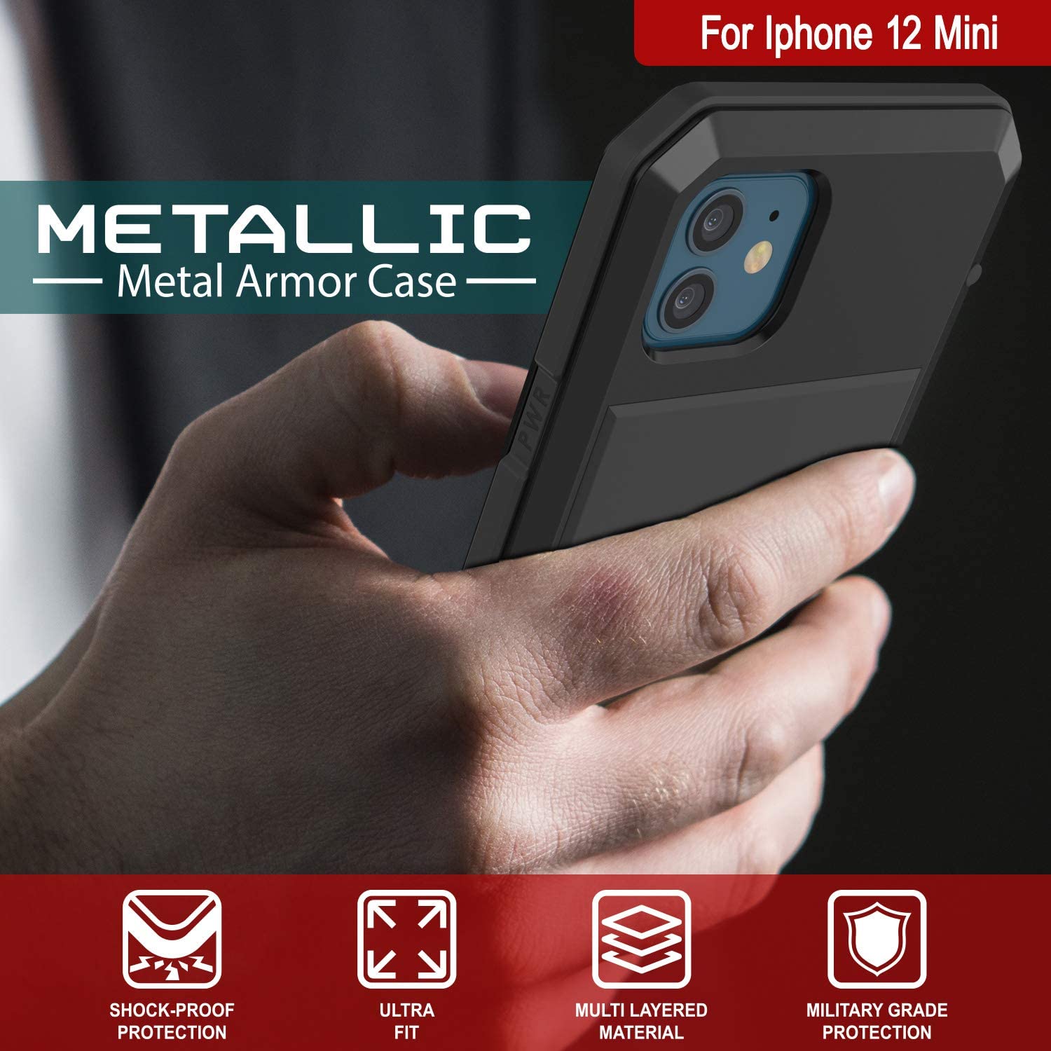 iPhone 12 Mini Metal Case, Heavy Duty Military Grade Armor Cover [shock proof] Full Body Hard [Black]