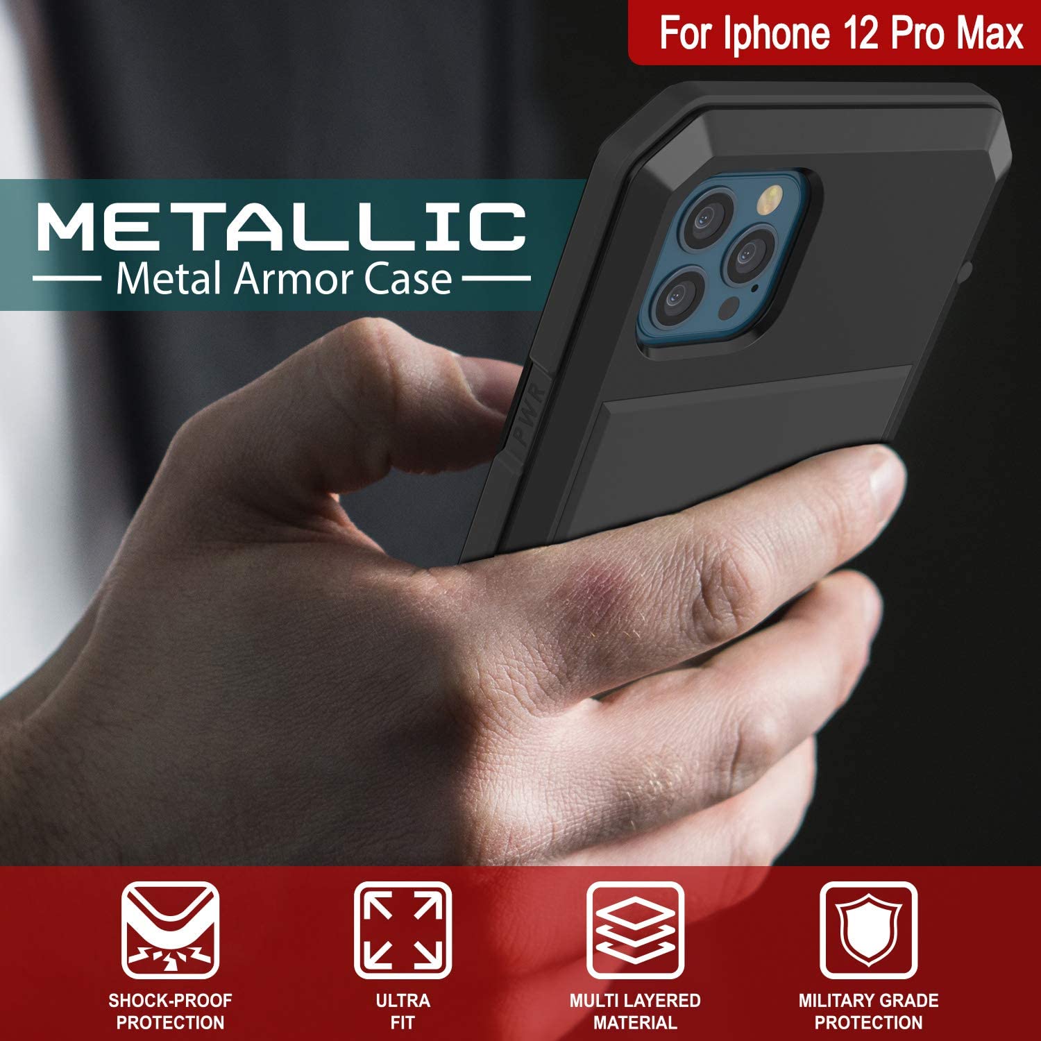 iPhone 12 Pro Max Metal Case, Heavy Duty Military Grade Armor Cover [shock proof] Full Body Hard [Black]
