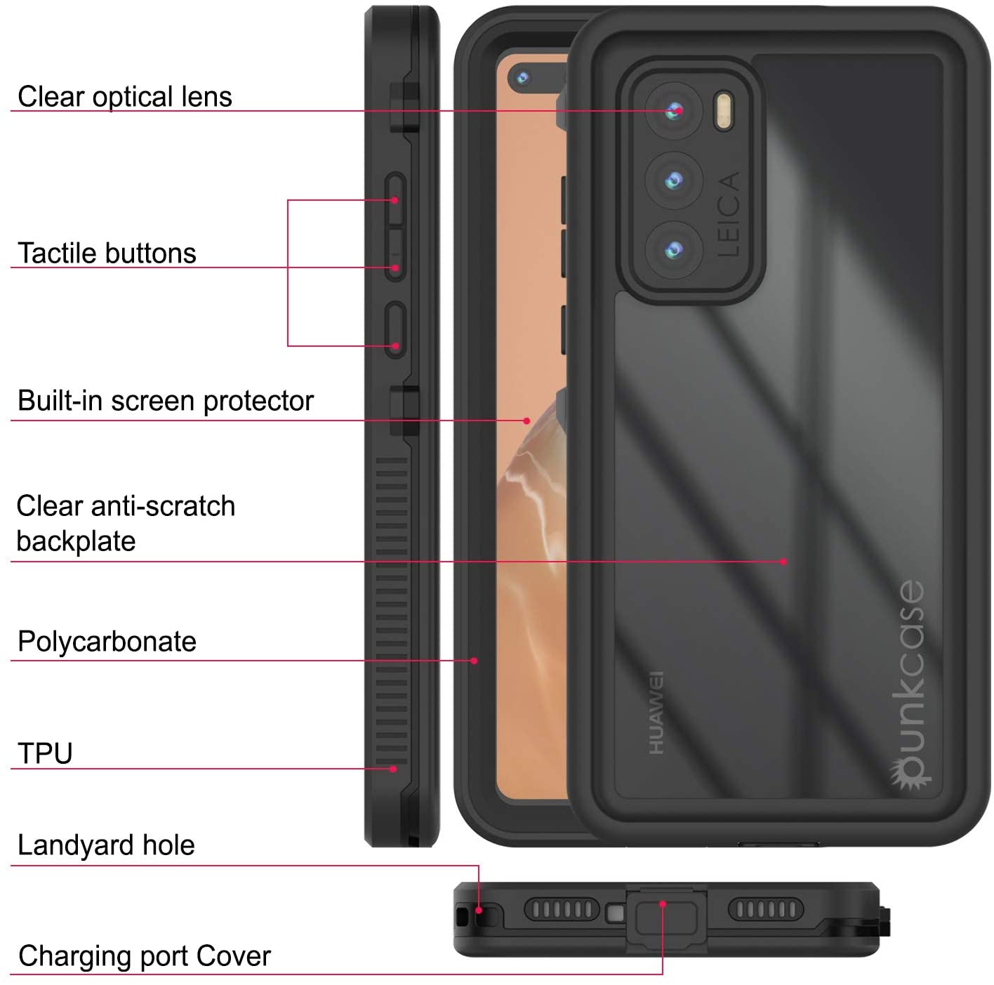 Huawei P40 Waterproof IP68 Case, Punkcase [Black] [StudStar Series] [Slim Fit]