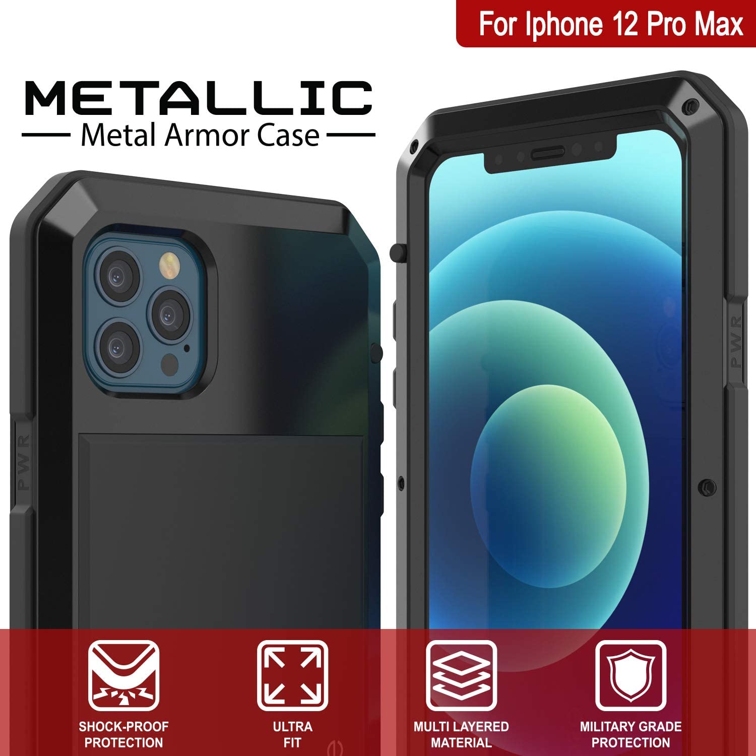 iPhone 12 Pro Max Metal Case, Heavy Duty Military Grade Armor Cover [shock proof] Full Body Hard [Black]