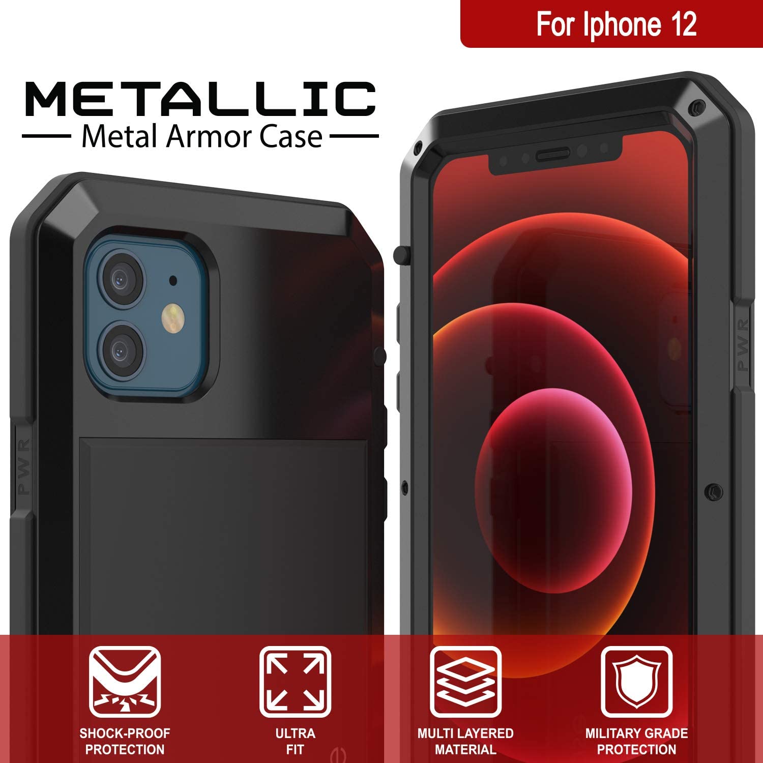 iPhone 12 Metal Case, Heavy Duty Military Grade Armor Cover [shock proof] Full Body Hard [Black]