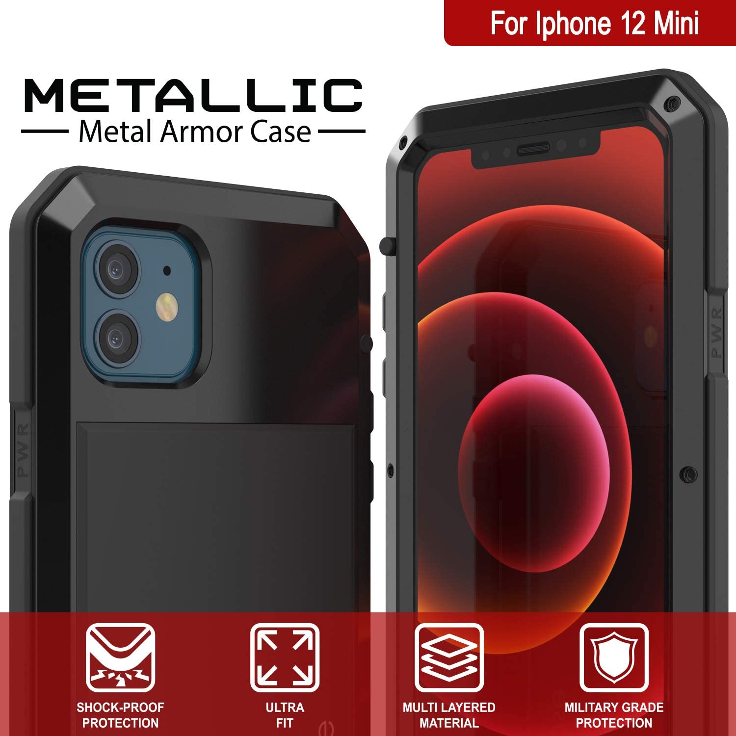 iPhone 12 Mini Metal Case, Heavy Duty Military Grade Armor Cover [shock proof] Full Body Hard [Black]