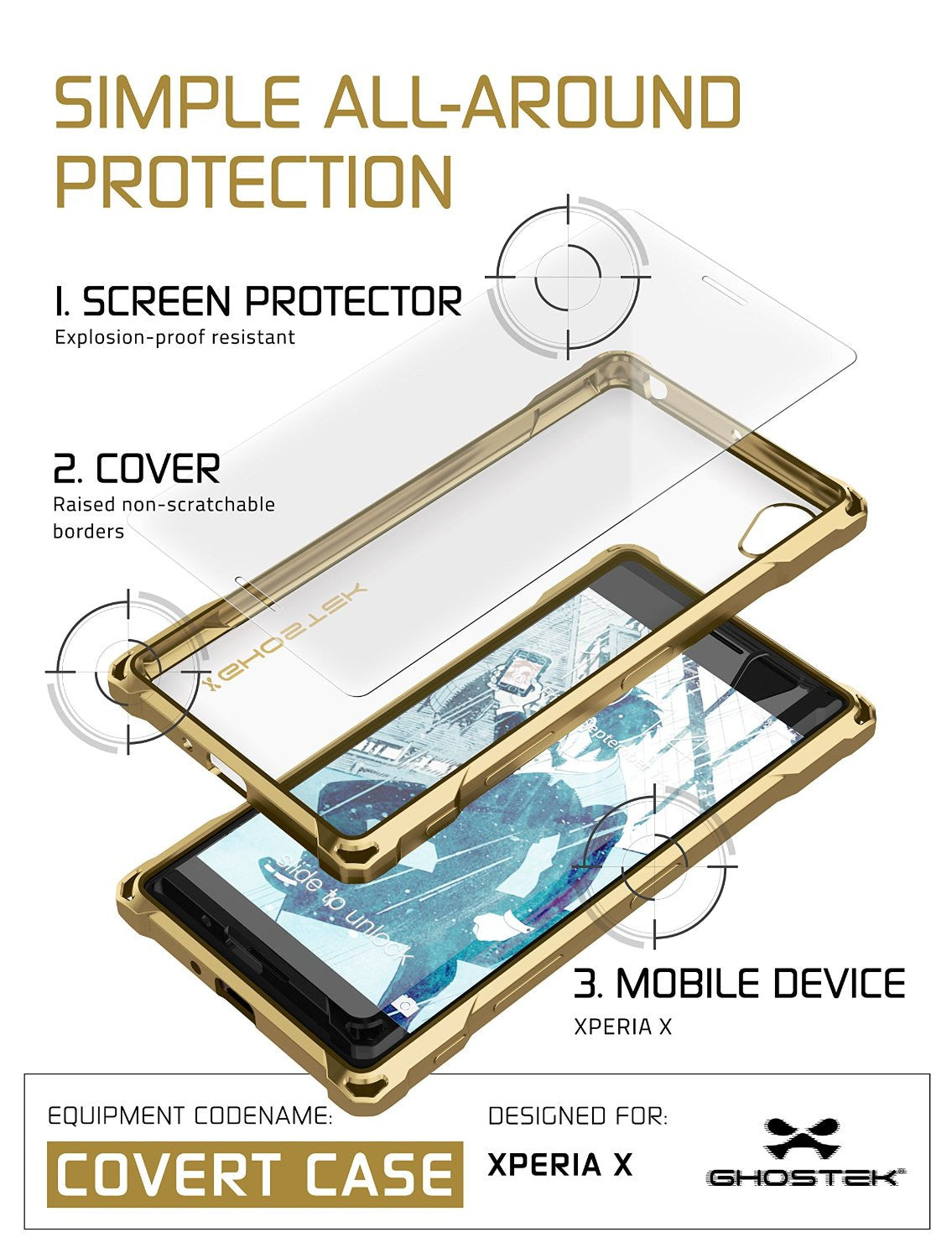 Xperia X Case, Ghostek® Covert Gold Series | Clear TPU | Warranty | Screen Protector | Ultra Fit