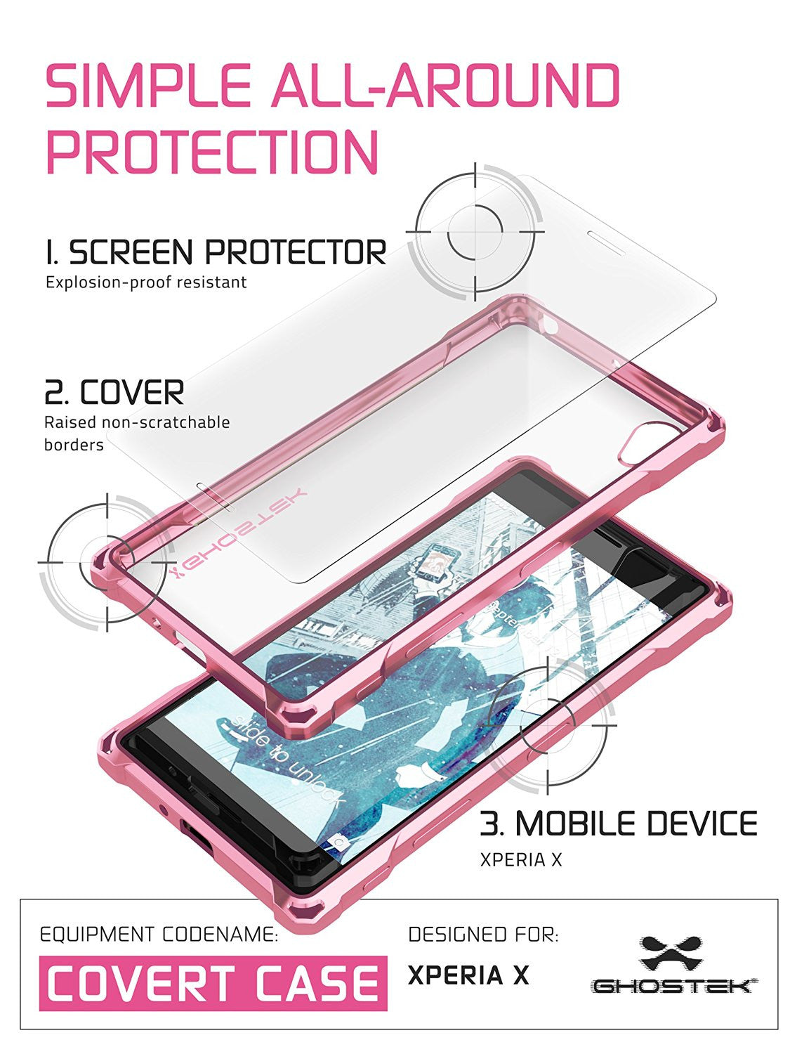 Xperia X Case, Ghostek® Covert Rose Pink  | Clear TPU | Warranty | Screen Protector | Ultra Fit