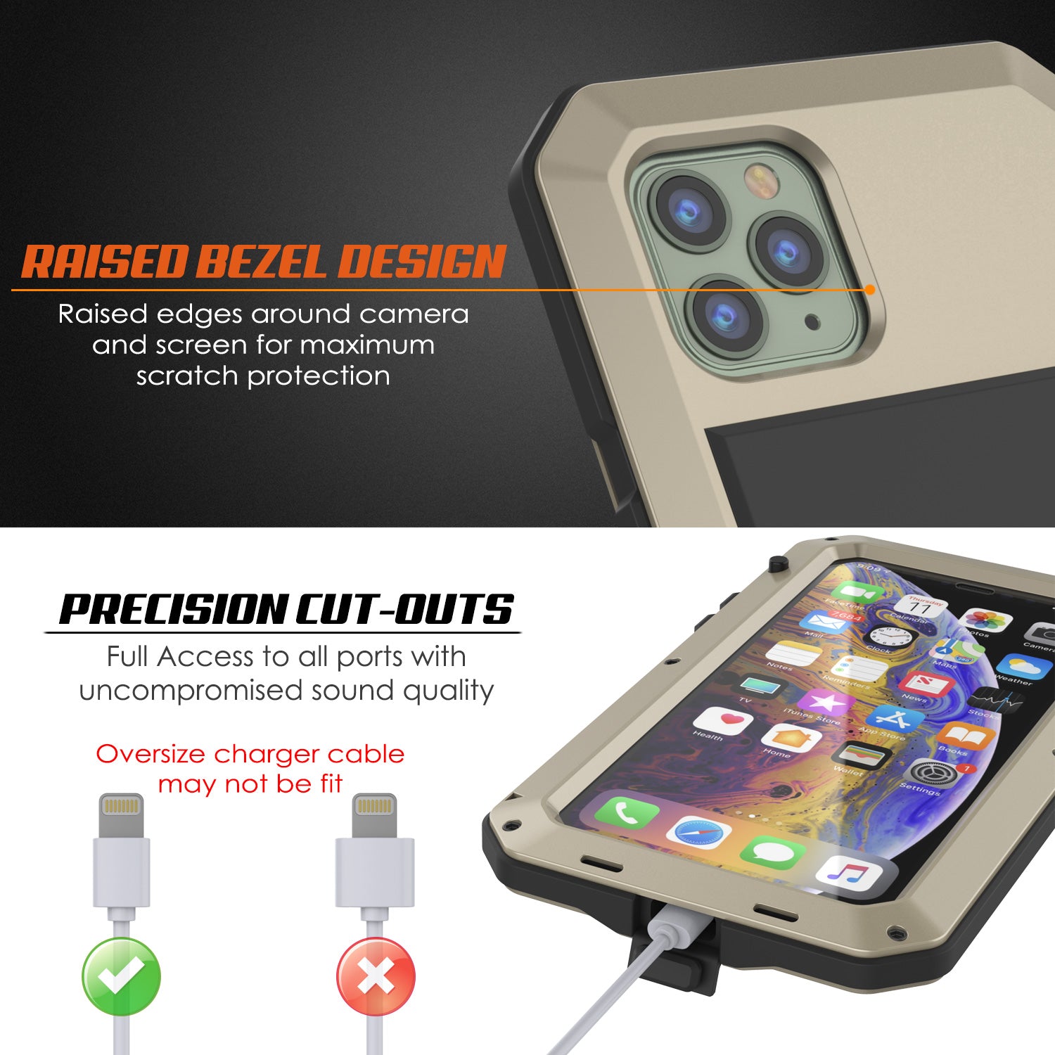 iPhone 11 Pro Max Metal Case, Heavy Duty Military Grade Armor Cover [shock proof] Full Body Hard [Gold]