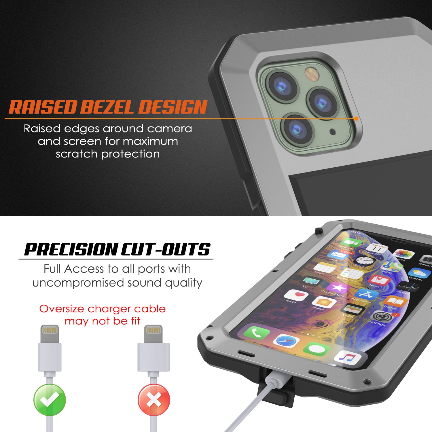 iPhone 11 Pro Max Metal Case, Heavy Duty Military Grade Armor Cover [shock proof] Full Body Hard [Silver]