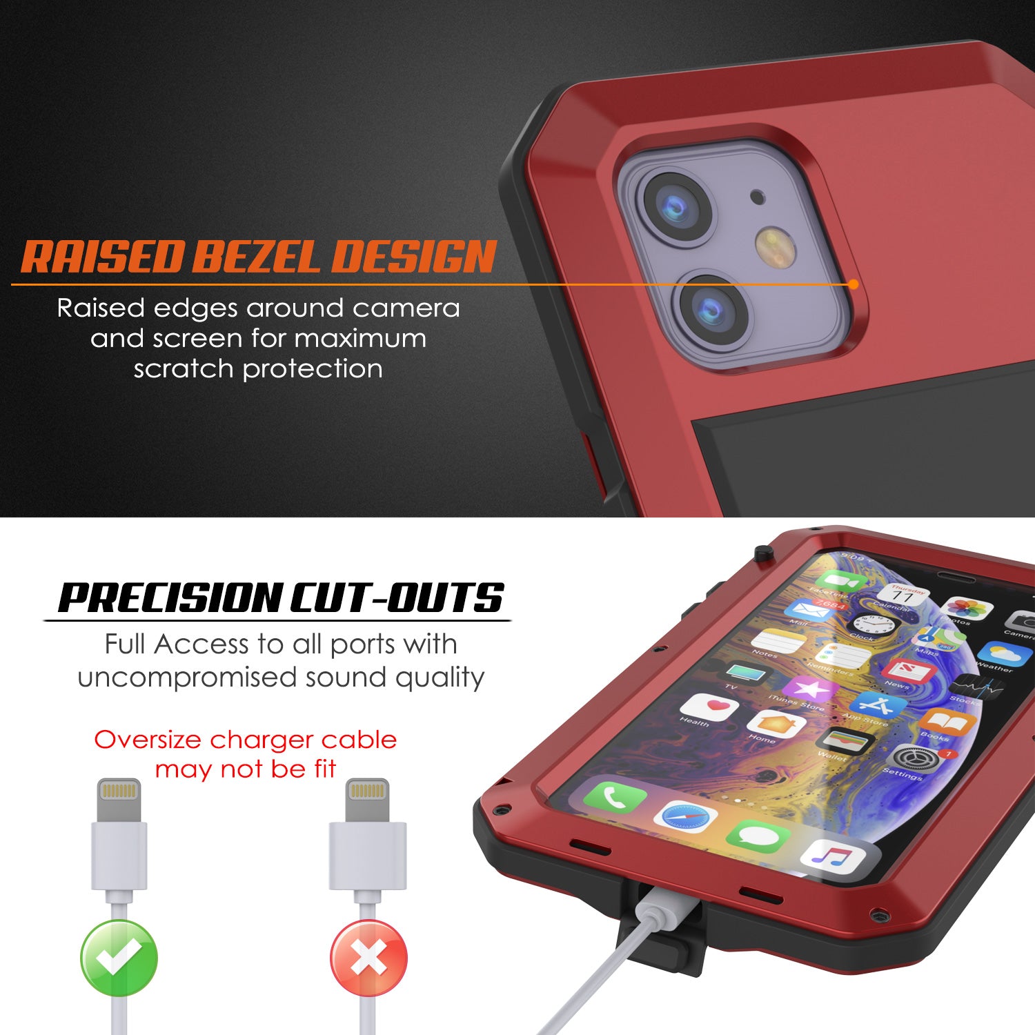 iPhone 11 Metal Case, Heavy Duty Military Grade Armor Cover [shock proof] Full Body Hard [Red]