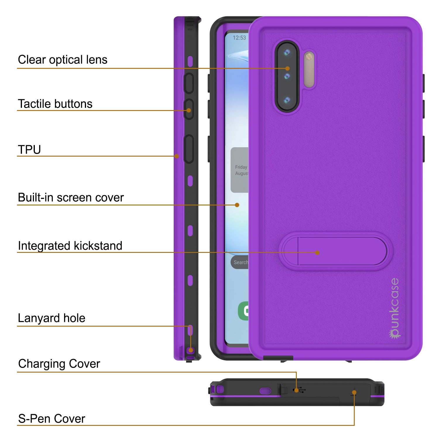 PunkCase Galaxy Note 10 Waterproof Case, [KickStud Series] Armor Cover [Purple]