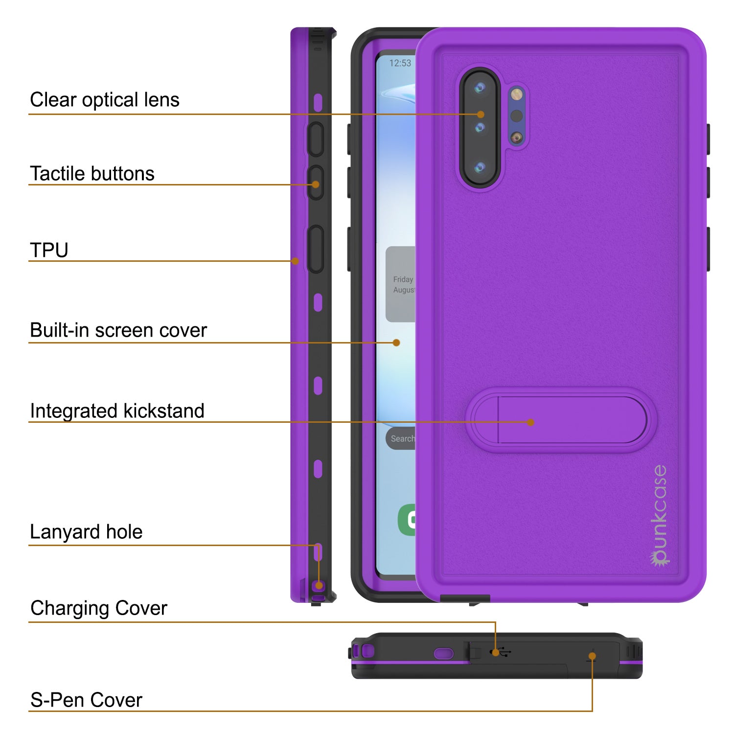PunkCase Galaxy Note 10+ Plus Waterproof Case, [KickStud Series] Armor Cover [Purple]