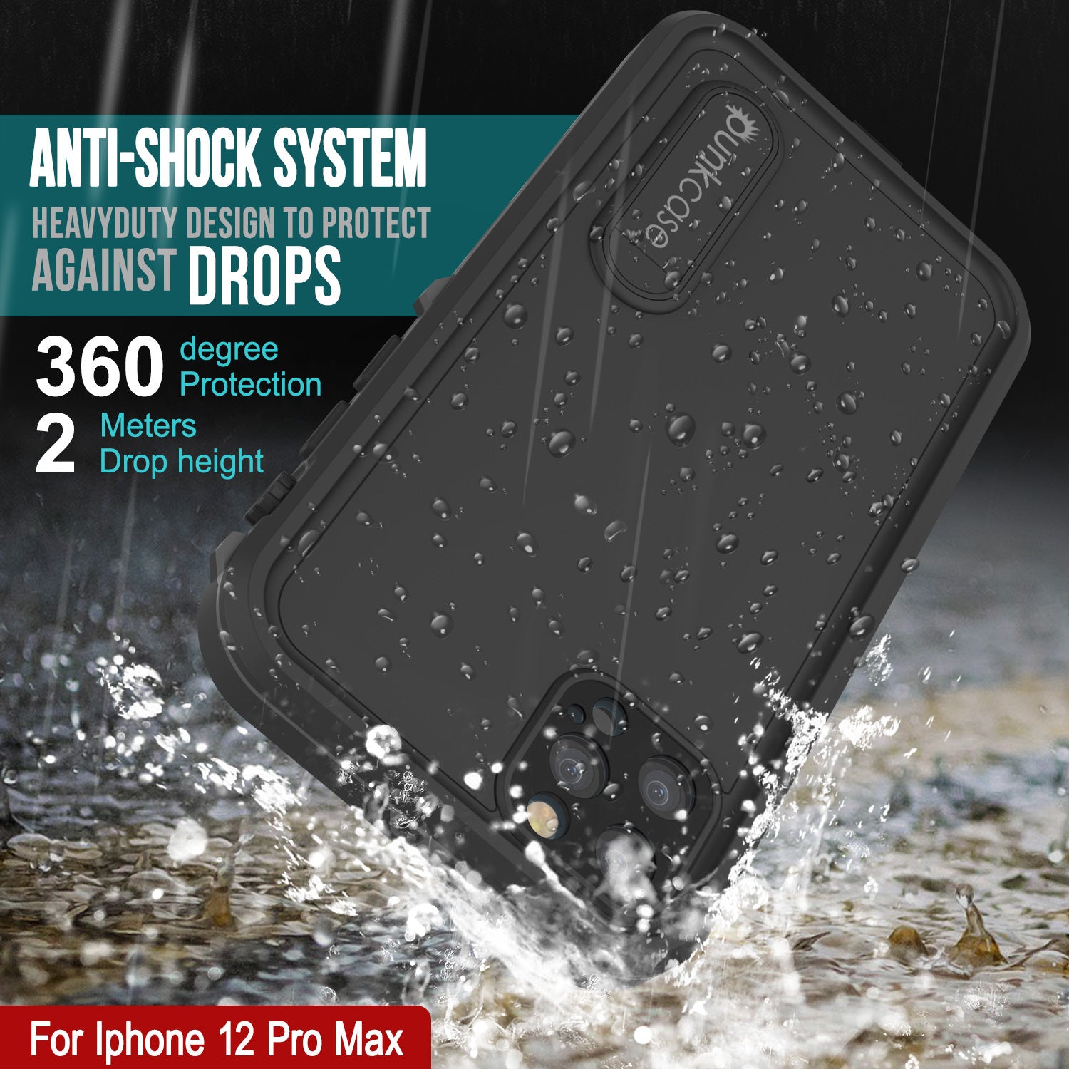 iPhone 12 Pro Max Waterproof Case, Punkcase [KickStud Series] Armor Cover [Black]