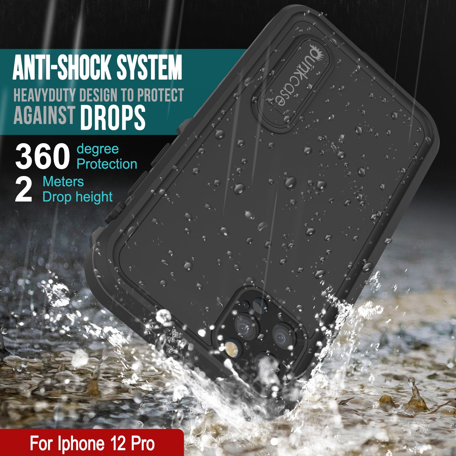 iPhone 12 Pro Waterproof Case, Punkcase [KickStud Series] Armor Cover [Black]