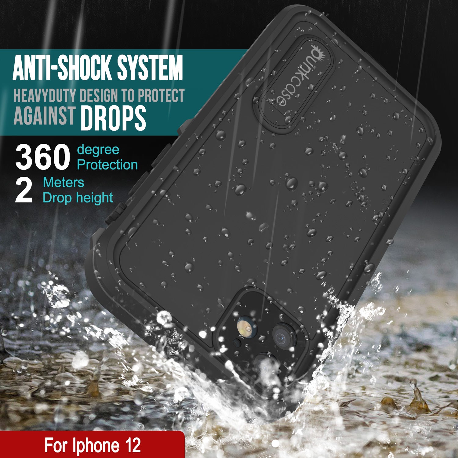 iPhone 12 Waterproof Case, Punkcase [KickStud Series] Armor Cover [Black]