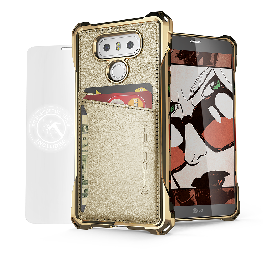 LG G6 Wallet Case, Ghostek Exec Gold Series | Slim Armor Hybrid Impact Bumper | TPU PU Leather Credit Card Slot Holder Sleeve Cover