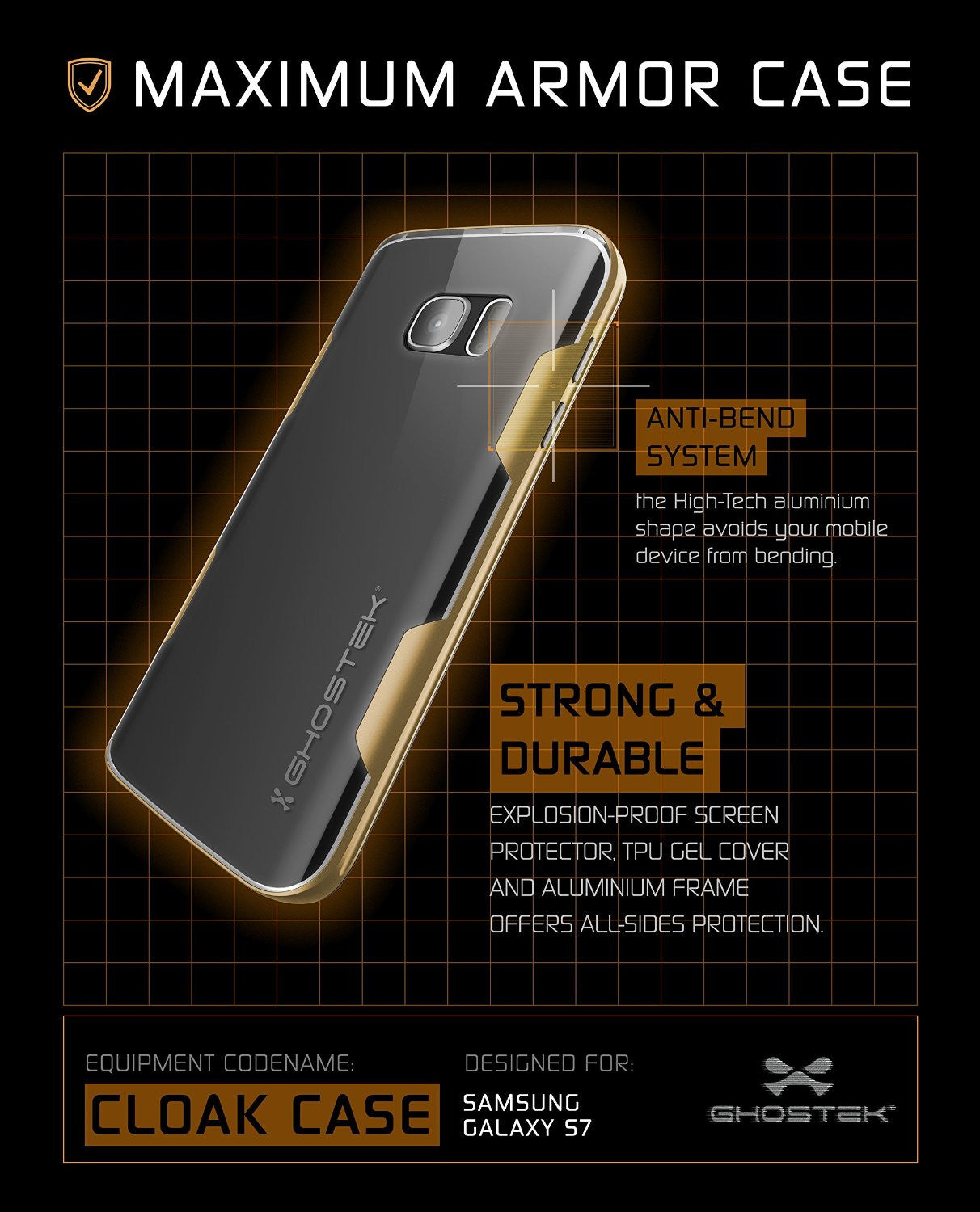 Galaxy S7 Case, Ghostek Cloak Series Gold  Slim Premium Protective Hybrid Impact Glass Armor
