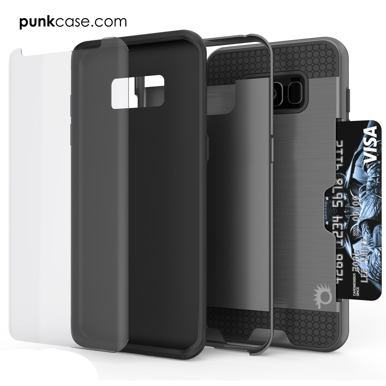Galaxy S8 Case, PUNKcase [SLOT Series] [Slim Fit] Dual-Layer Armor Cover w/Integrated Anti-Shock System, Credit Card Slot [Grey]