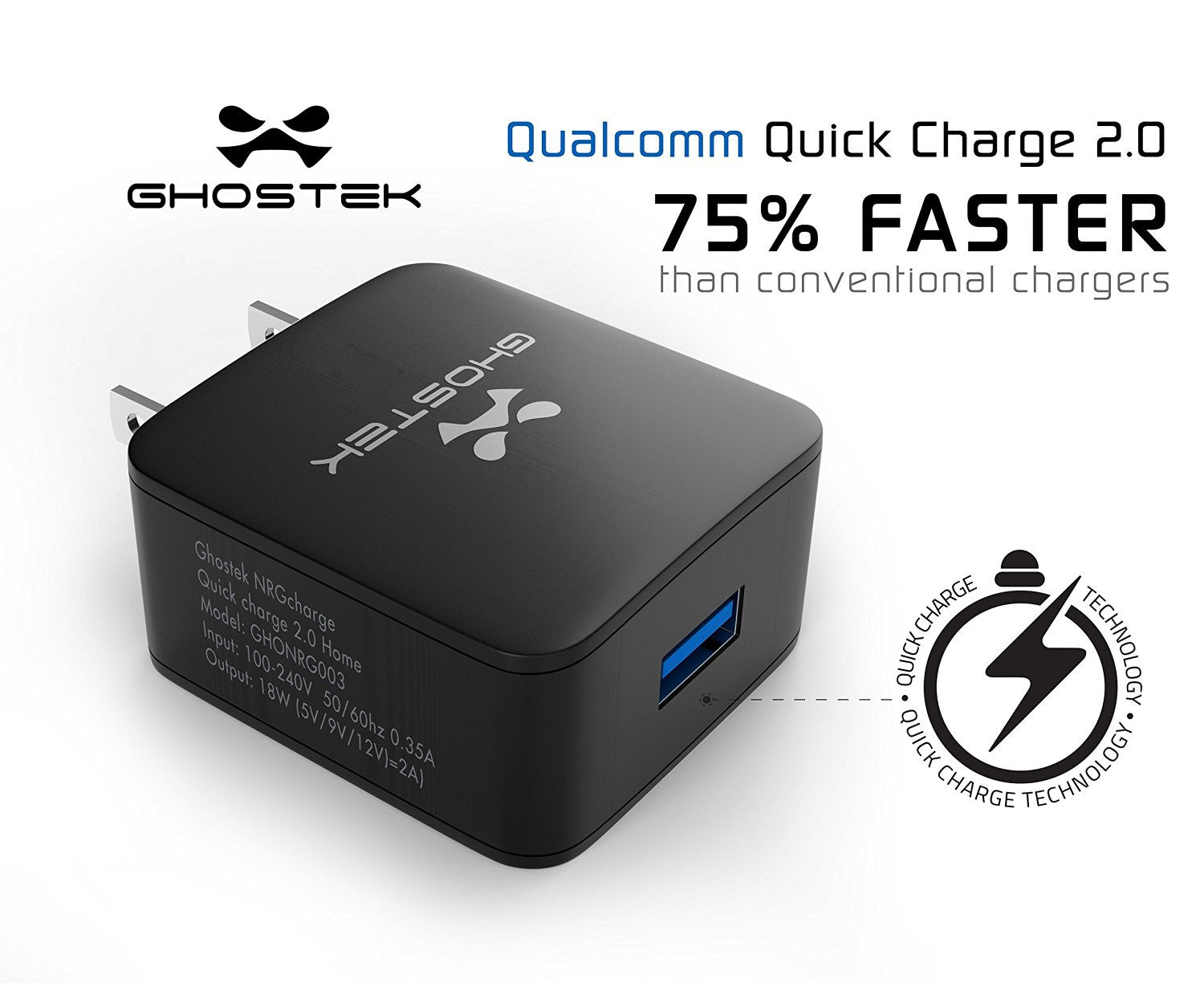 NRGcharge QuickCharge 2.0 Rapid High-speed Fast Wall Home White Charger w/ Micro USB Cable