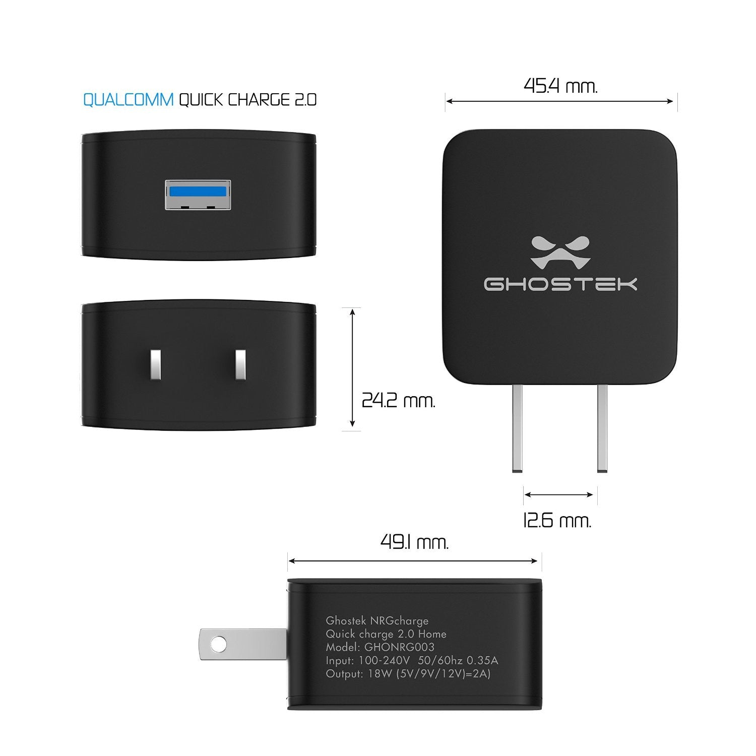 NRGcharge QuickCharge 2.0 Rapid High-speed Fast Wall Home White Charger w/ Micro USB Cable