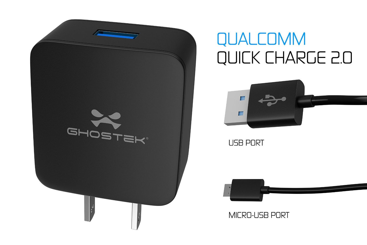 NRGcharge QuickCharge 2.0 Rapid High-speed Fast Wall Home White Charger w/ Micro USB Cable