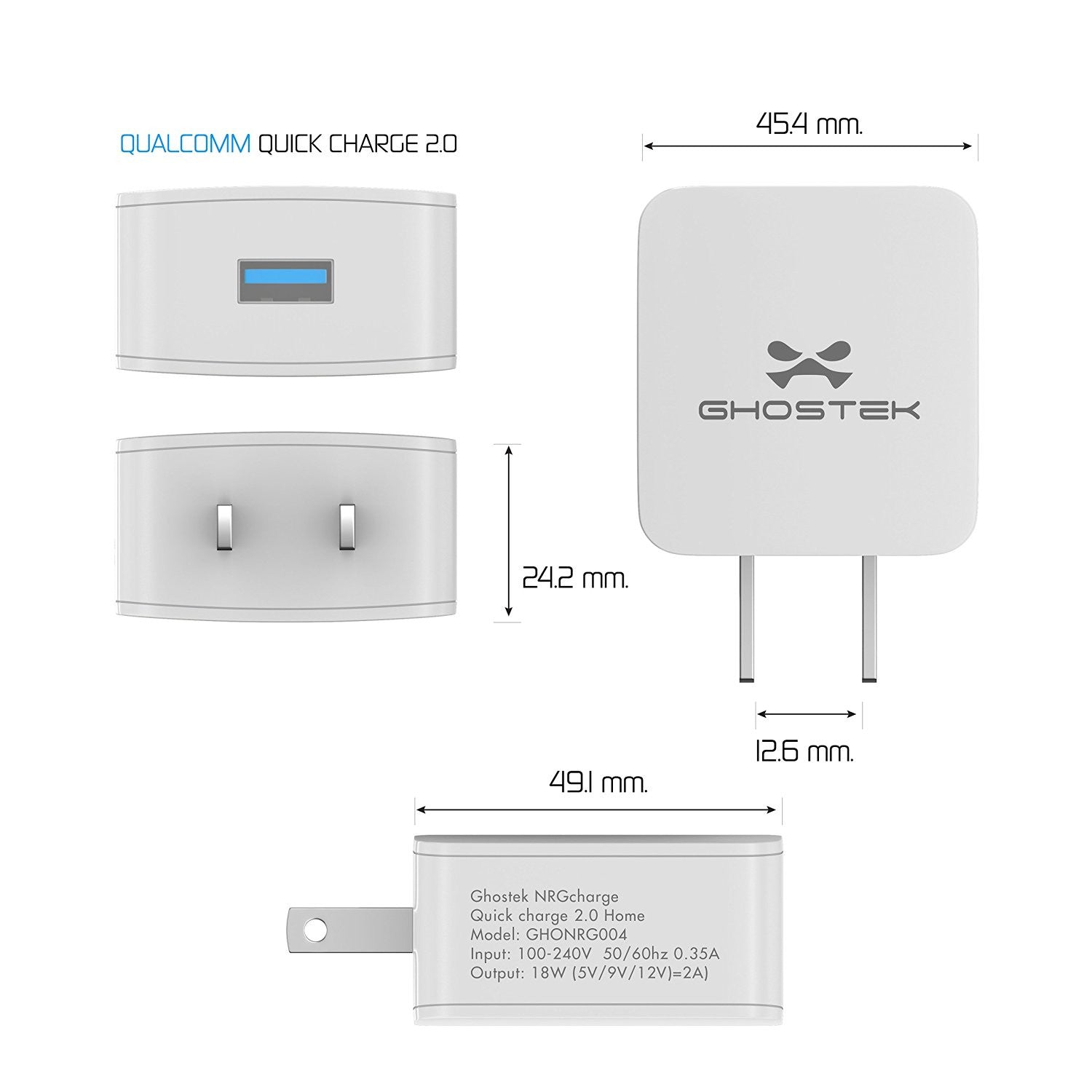 NRGcharge QuickCharge 2.0 Rapid High-speed Fast Wall Home White Charger w/ Micro USB Cable