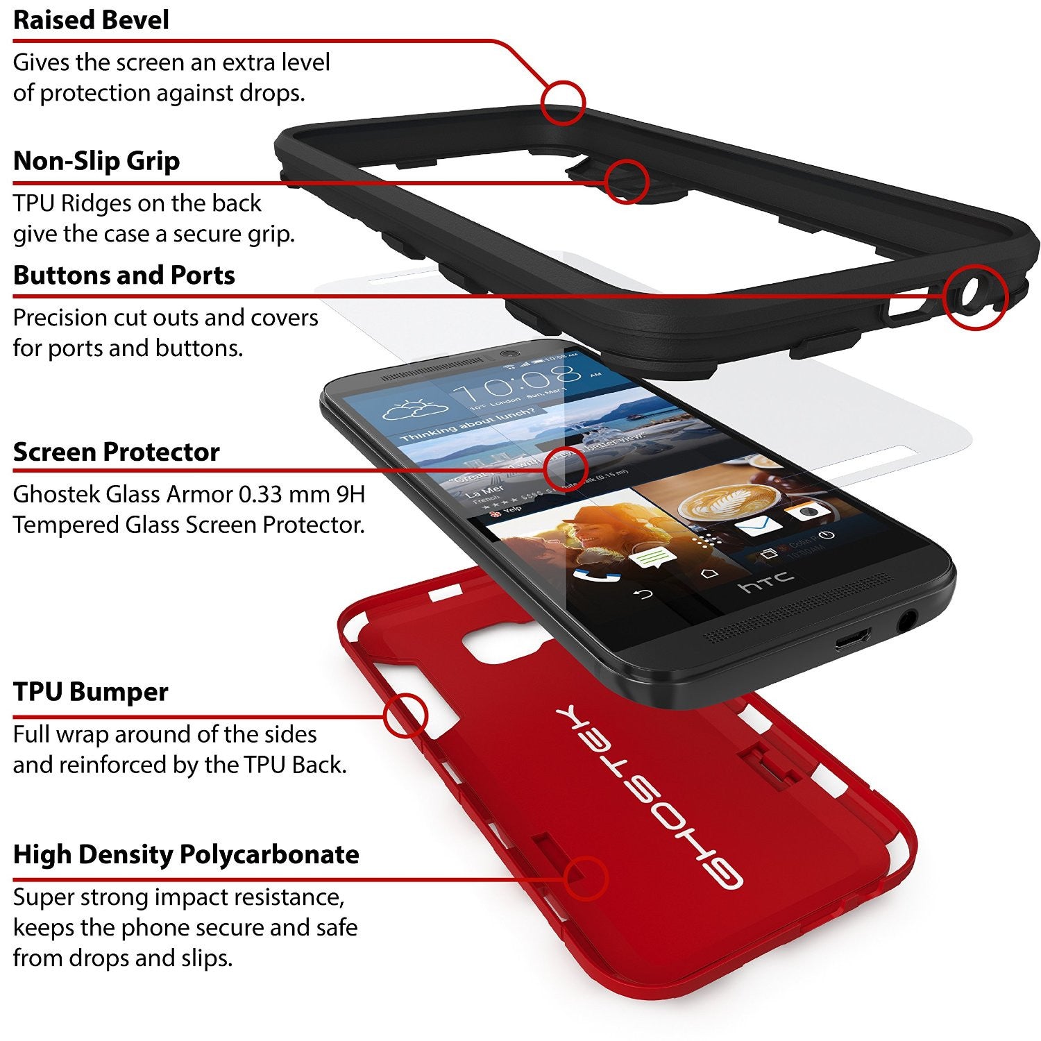 HTC One M9 Case, Ghostek Armadillo 2.0 Red Case w/ M9 Tempered Glass  | Lifetime Warranty