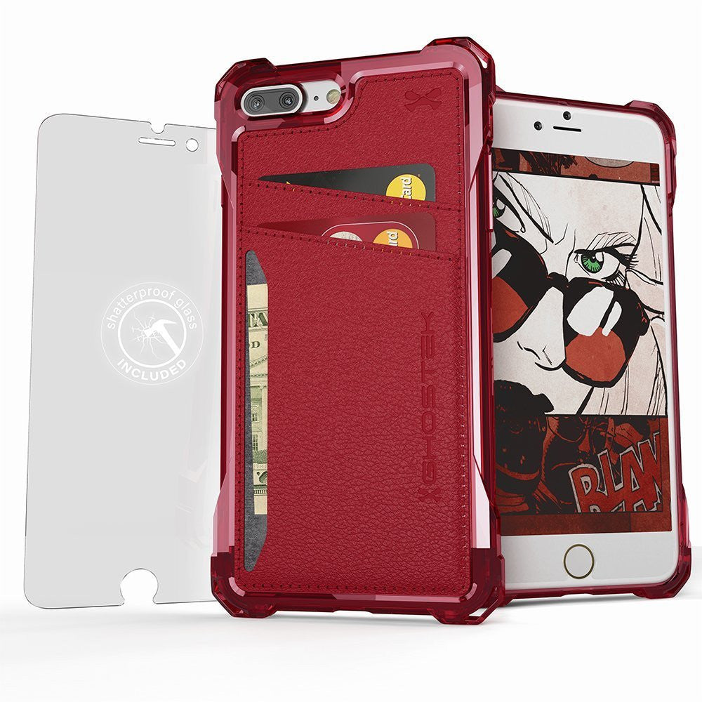 iPhone 7+ Plus Wallet Case, Ghostek® Exec Red Series | Slim Armor Hybrid Impact Bumper | TPU PU Leather Credit Card Slot Holder Sleeve Cover