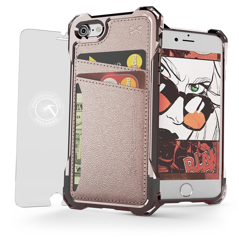 iPhone 7 Wallet Case, Ghostek Exec Pink Series | Slim Armor Hybrid Impact Bumper | TPU PU Leather Credit Card Slot Holder Sleeve Cover