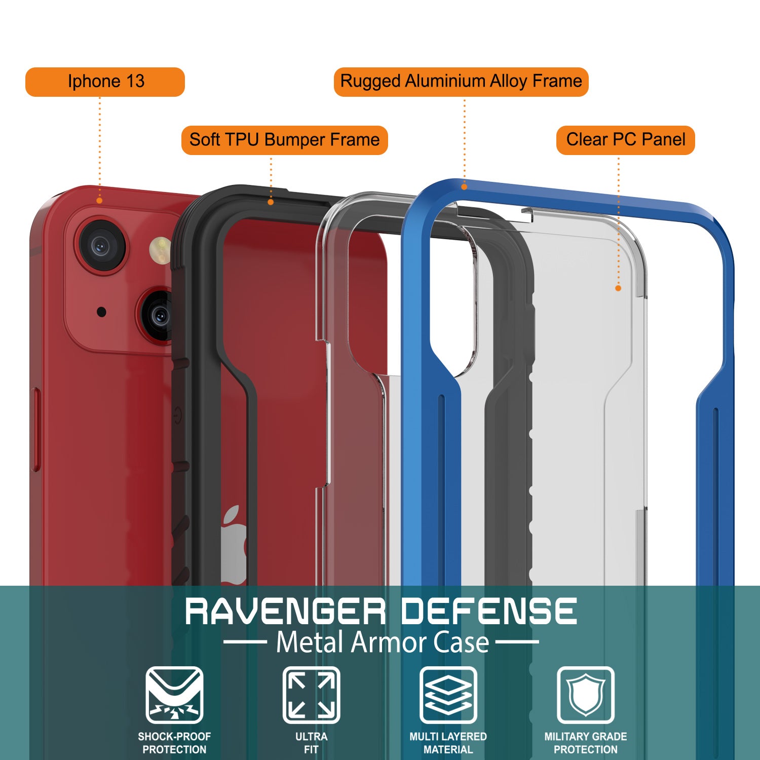 Punkcase iPhone 13 ravenger Case Protective Military Grade Multilayer Cover [Navy Blue]