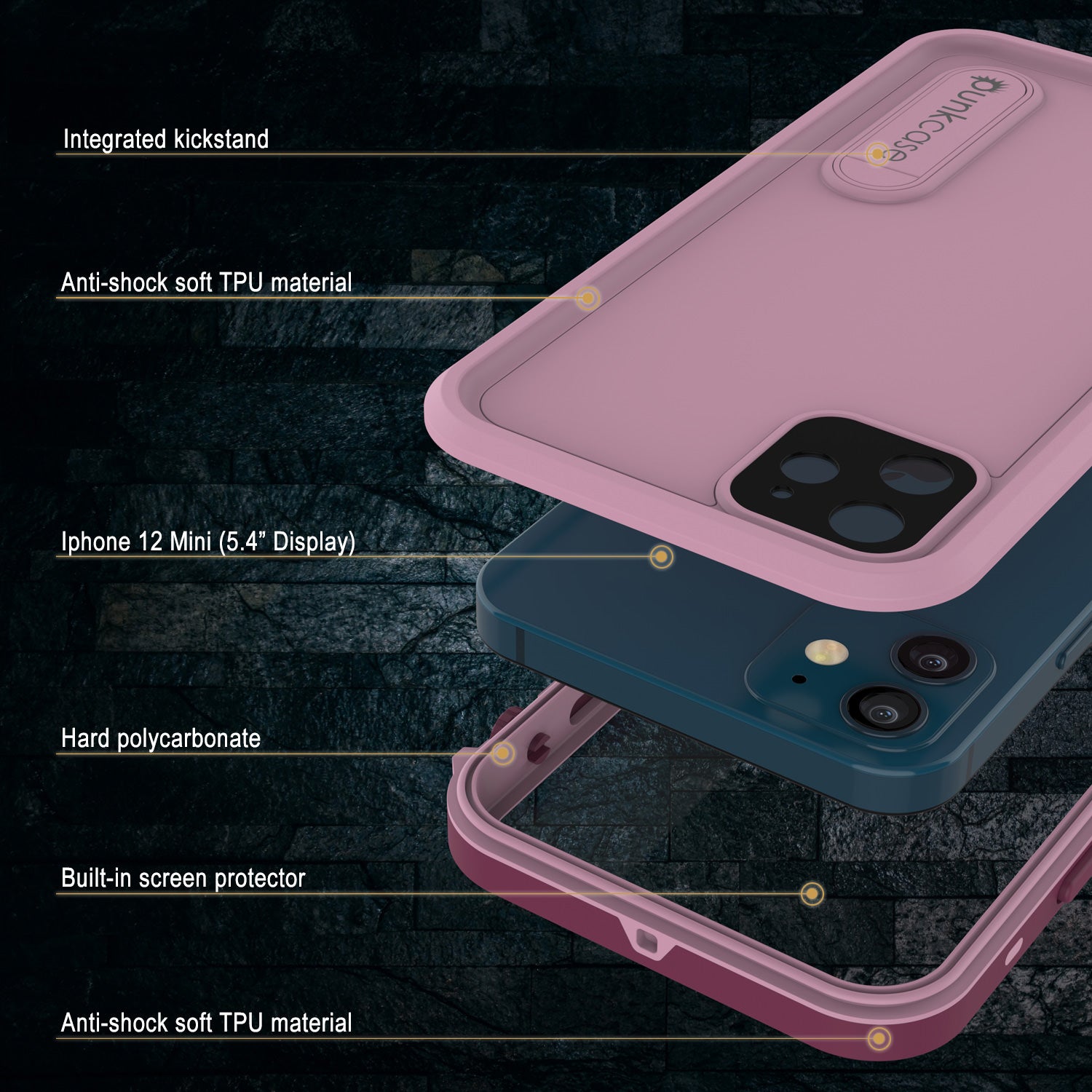iPhone 12 Mini Waterproof Case, Punkcase [KickStud Series] Armor Cover [Pink]
