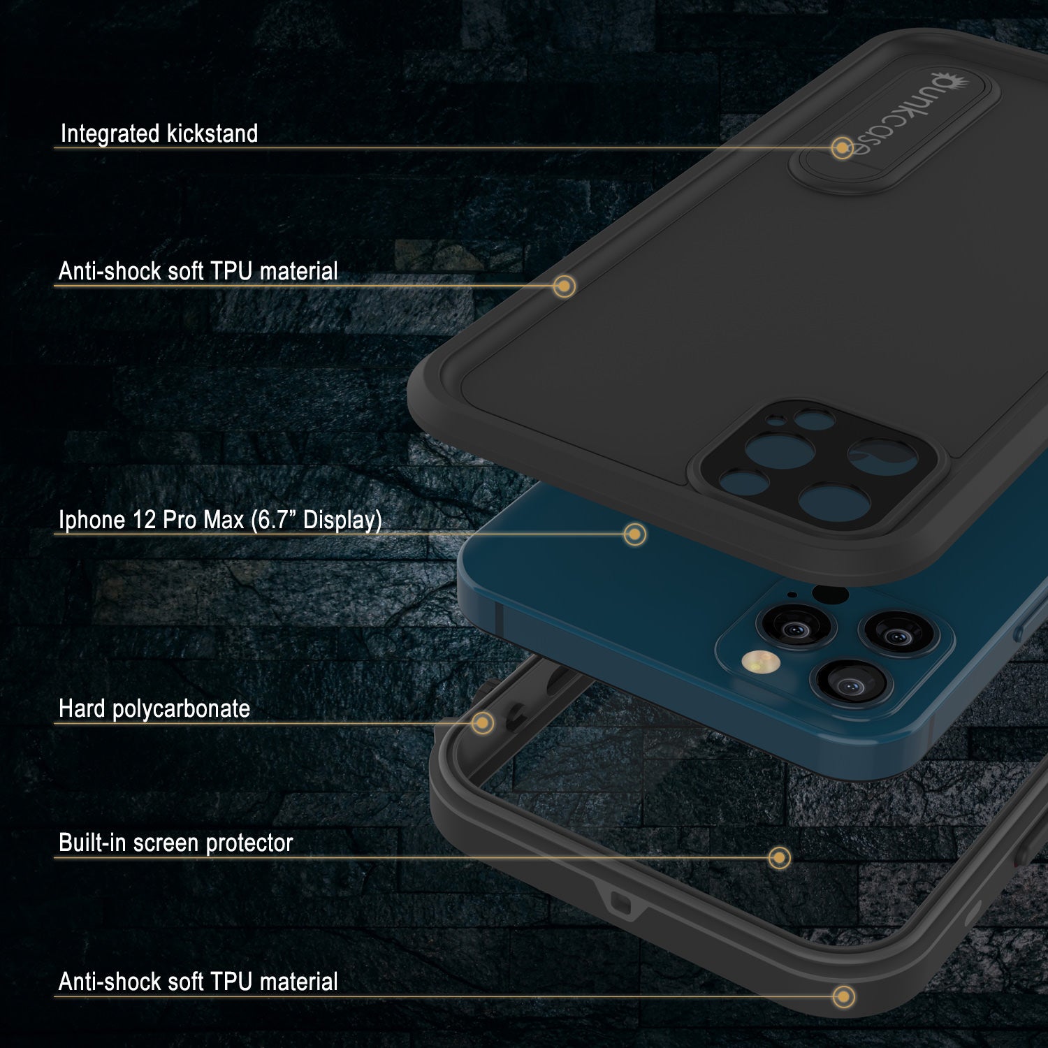 iPhone 12 Pro Max Waterproof Case, Punkcase [KickStud Series] Armor Cover [Black]