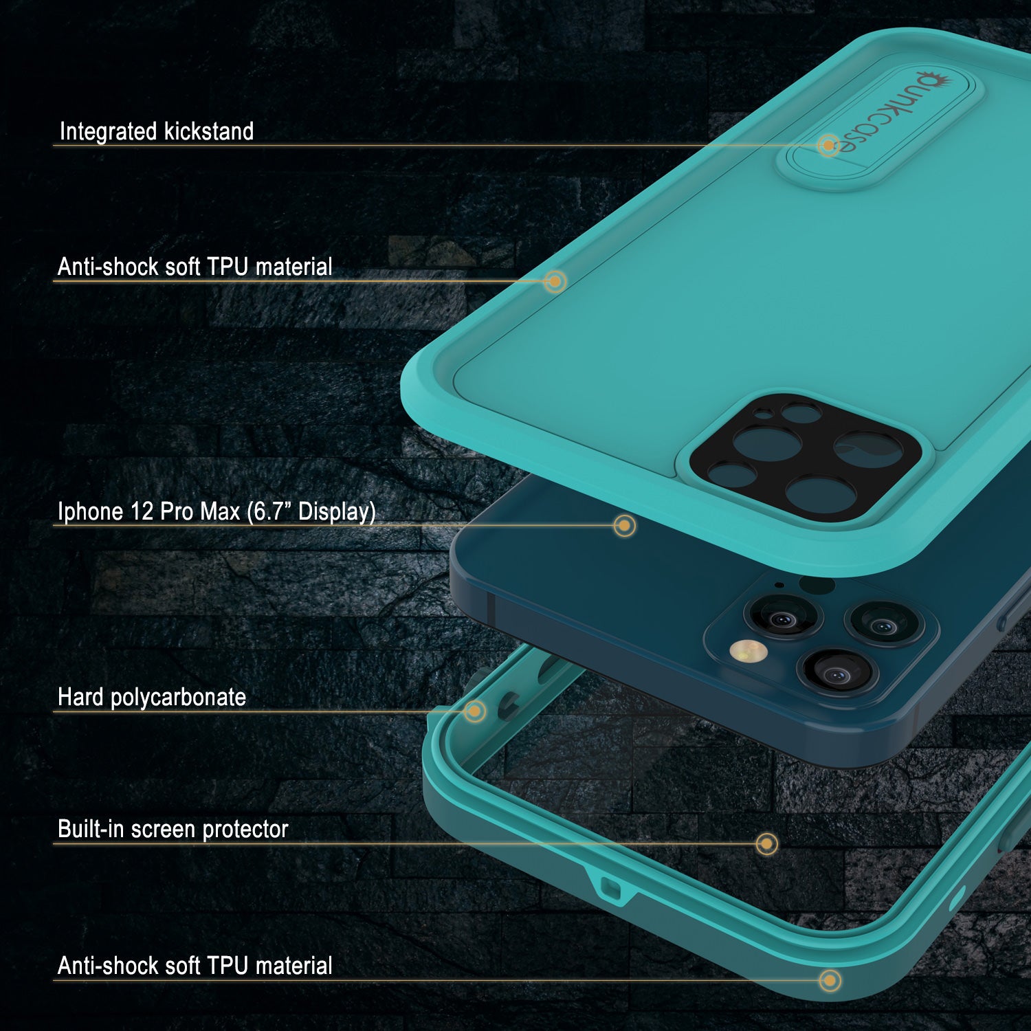 iPhone 12 Pro Max Waterproof Case, Punkcase [KickStud Series] Armor Cover [Teal]