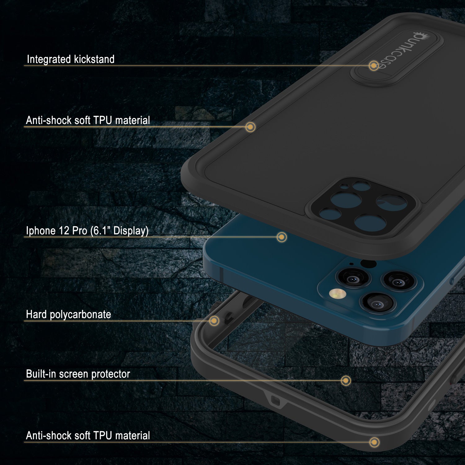iPhone 12 Pro Waterproof Case, Punkcase [KickStud Series] Armor Cover [Black]
