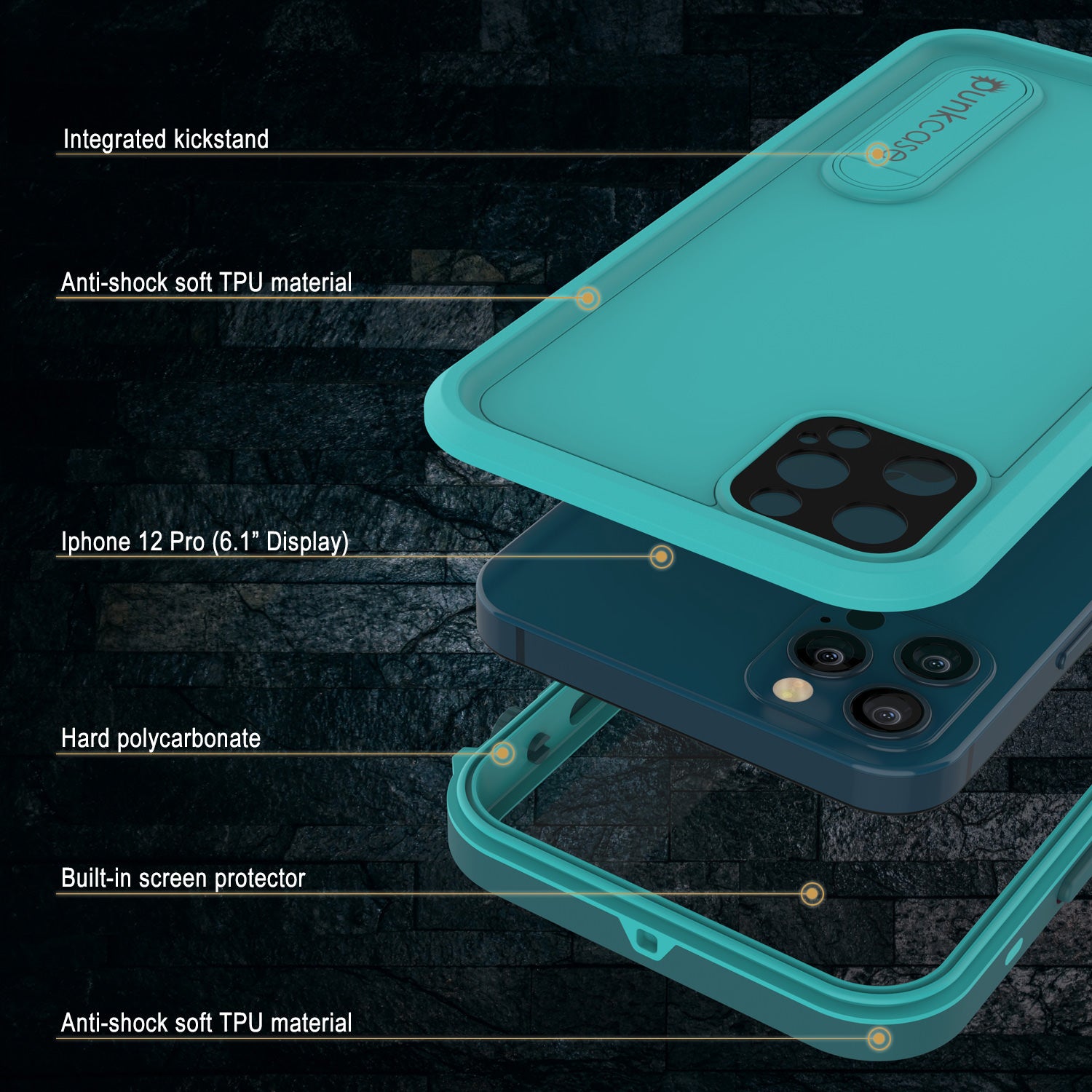 iPhone 12 Pro Waterproof Case, Punkcase [KickStud Series] Armor Cover [Teal]