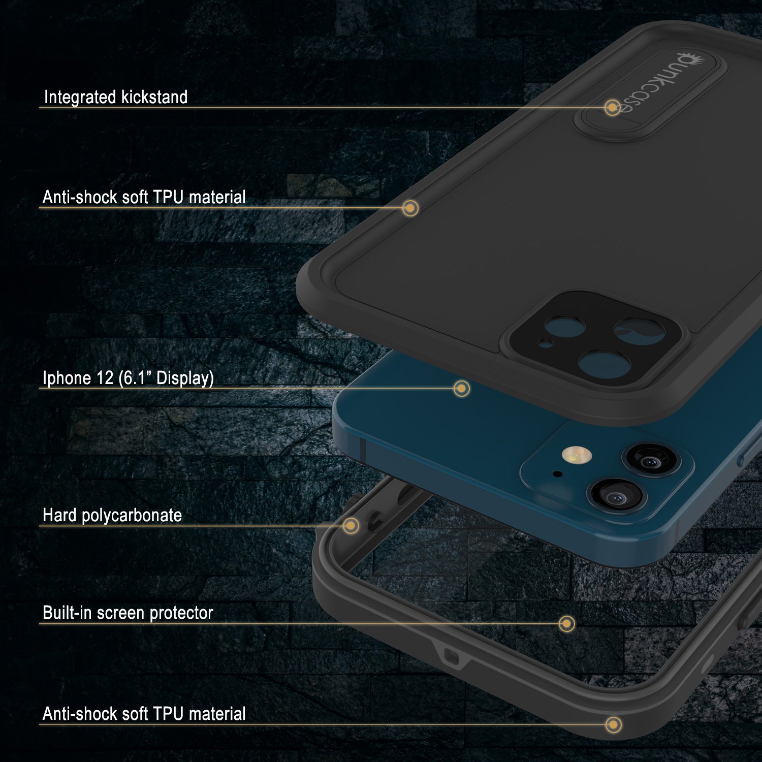 iPhone 12 Waterproof Case, Punkcase [KickStud Series] Armor Cover [Black]