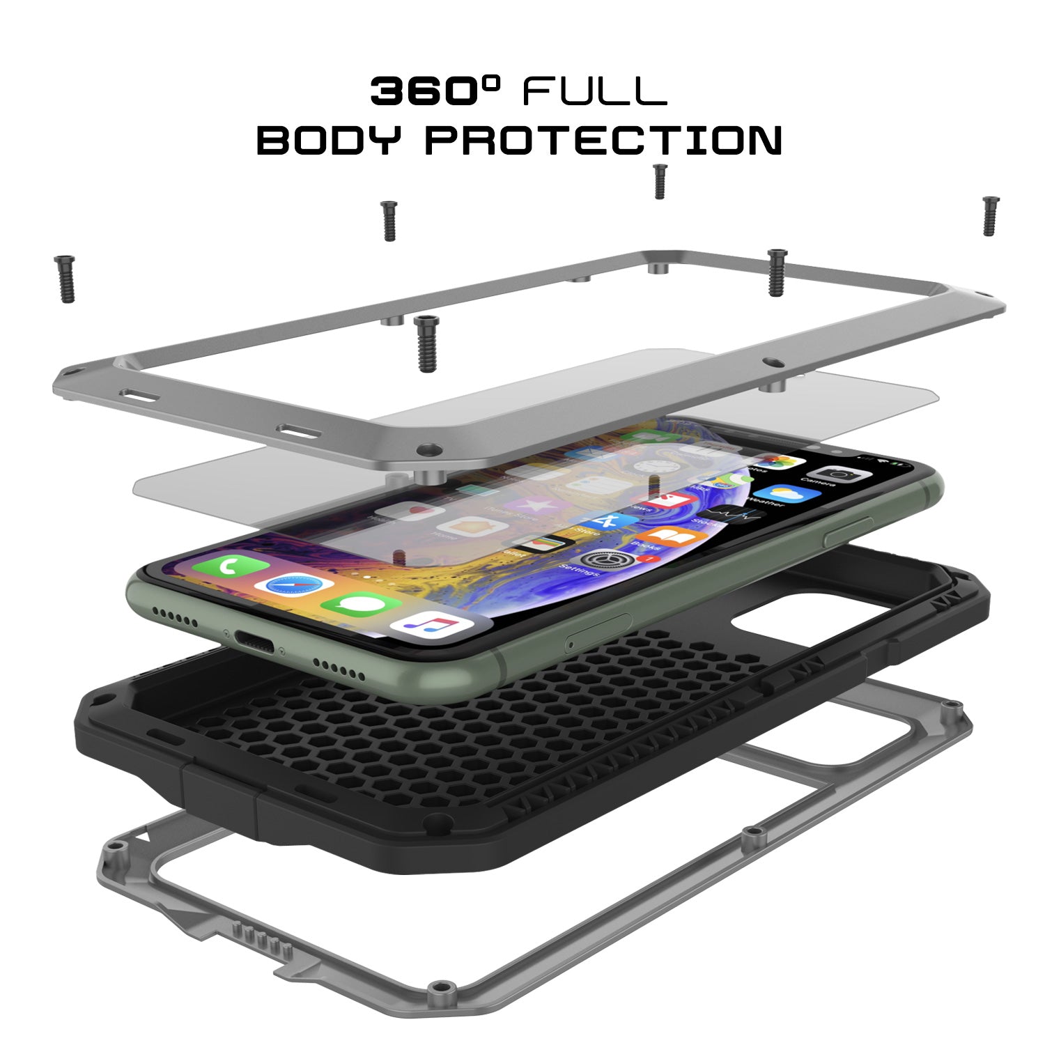 iPhone 11 Pro Max Metal Case, Heavy Duty Military Grade Armor Cover [shock proof] Full Body Hard [Silver]