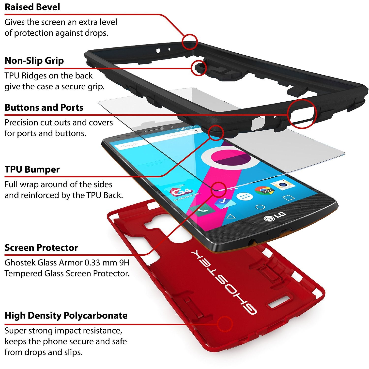 LG G4 Case Ghostek Armadillo 2.0 Red w/ Tempered Glass Screen Protector | Slim Armor | Kickstand