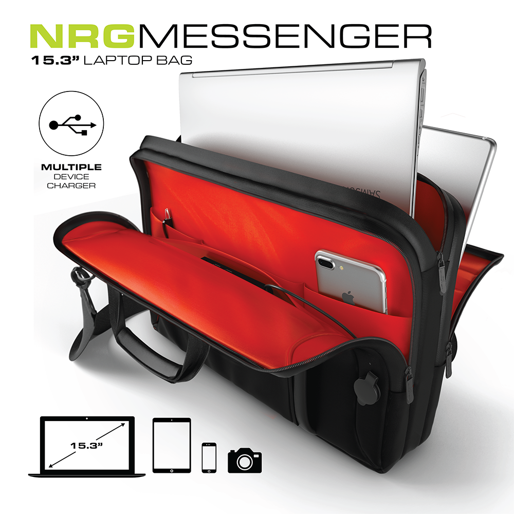 Ghostek NRGmessenger Series 8.5L || Computer Laptop Messenger Bag + 16,000mAh Battery Power Bank with 2 USB Ports | Water Resistant