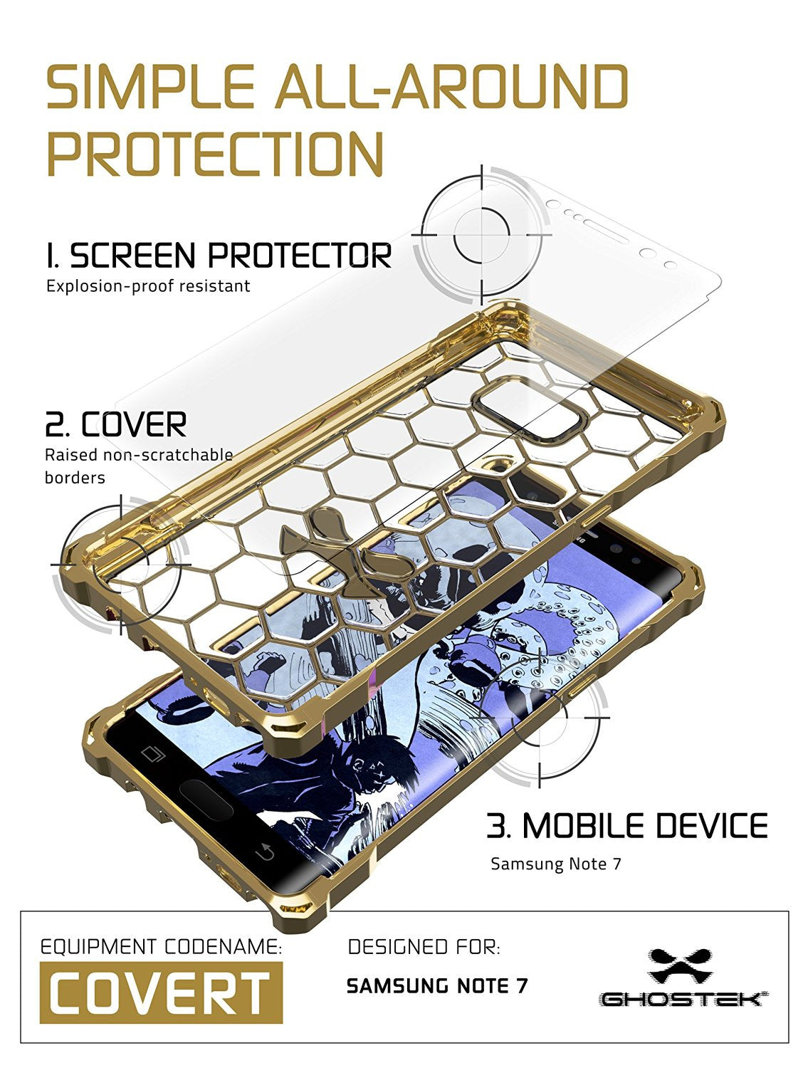 Note 7 Case, Ghostek® Covert Series Gold w/ Explosion-Proof Screen Protector | Ultra Fit