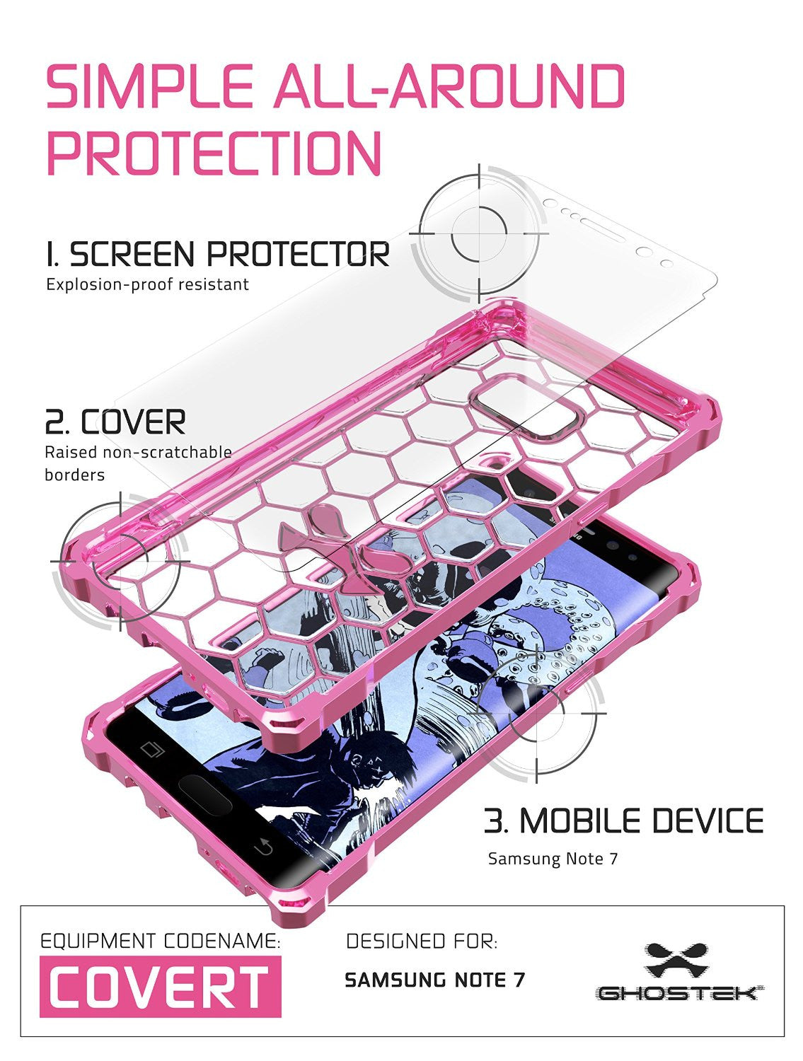 Note 7 Case, Ghostek® Covert Series Rose Pink w/ Explosion-Proof Screen Protector | Ultra Fit