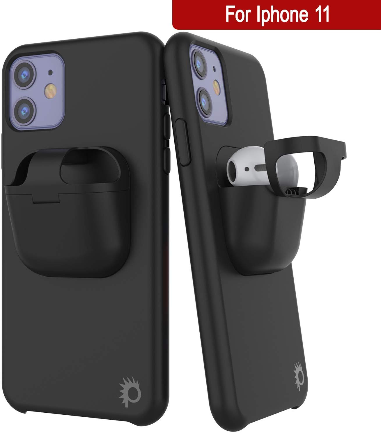Punkcase iPhone 11 Airpods Case Holder (CenterPods Series) | Slim & Durable 2 in 1 Cover Designed for iPhone 11 (6.1") | Protects Your Phone & Stores Your AirPods Gen. 1 & 2 [Black]