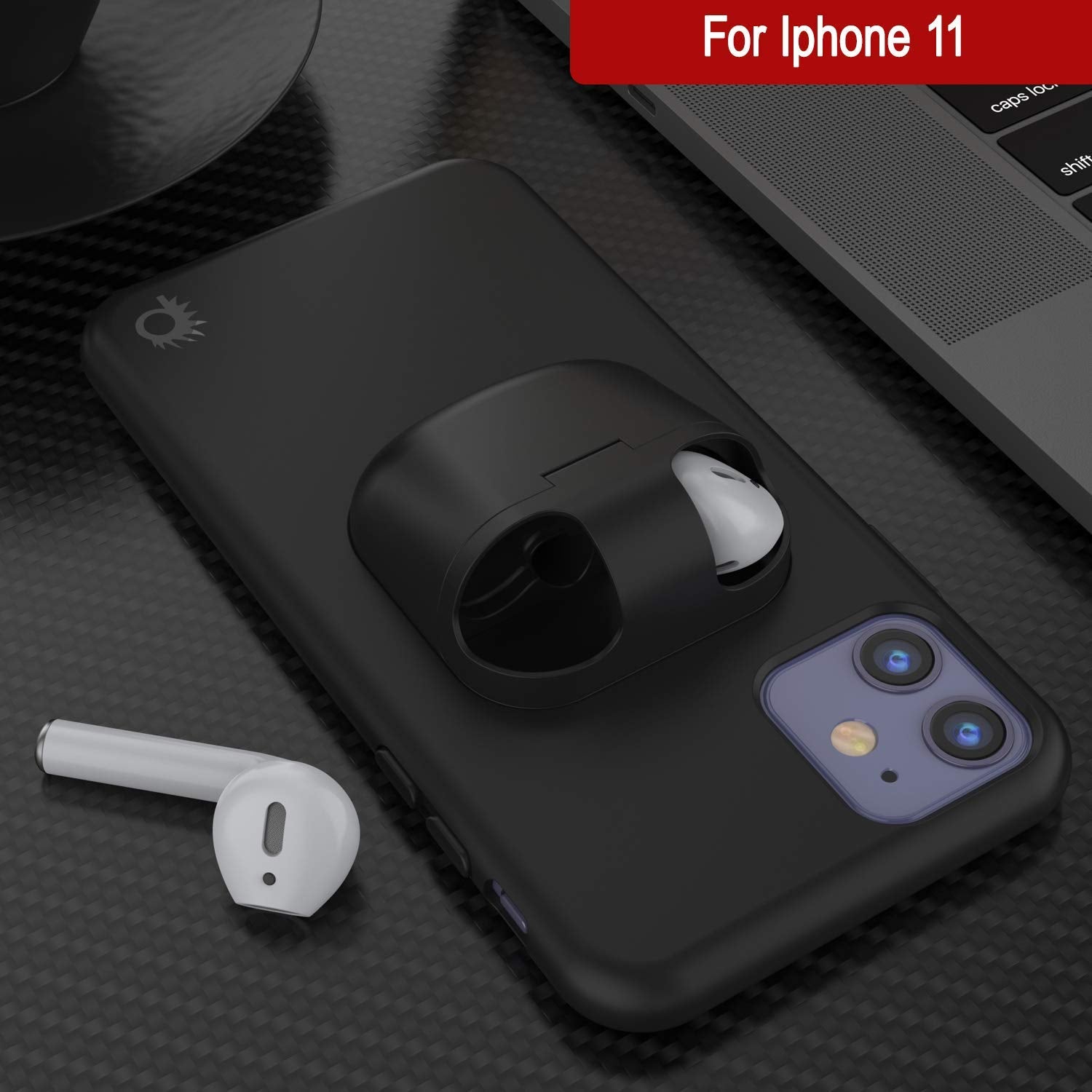 Punkcase iPhone 11 Airpods Case Holder (CenterPods Series) | Slim & Durable 2 in 1 Cover Designed for iPhone 11 (6.1") | Protects Your Phone & Stores Your AirPods Gen. 1 & 2 [Black]