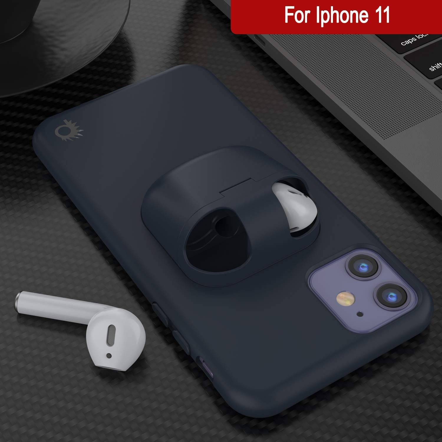 Punkcase iPhone 11 Airpods Case Holder (CenterPods Series) | Slim & Durable 2 in 1 Cover Designed for iPhone 11 (6.1") | Protects Your Phone & Stores Your AirPods Gen. 1 & 2 [Navy Blue]