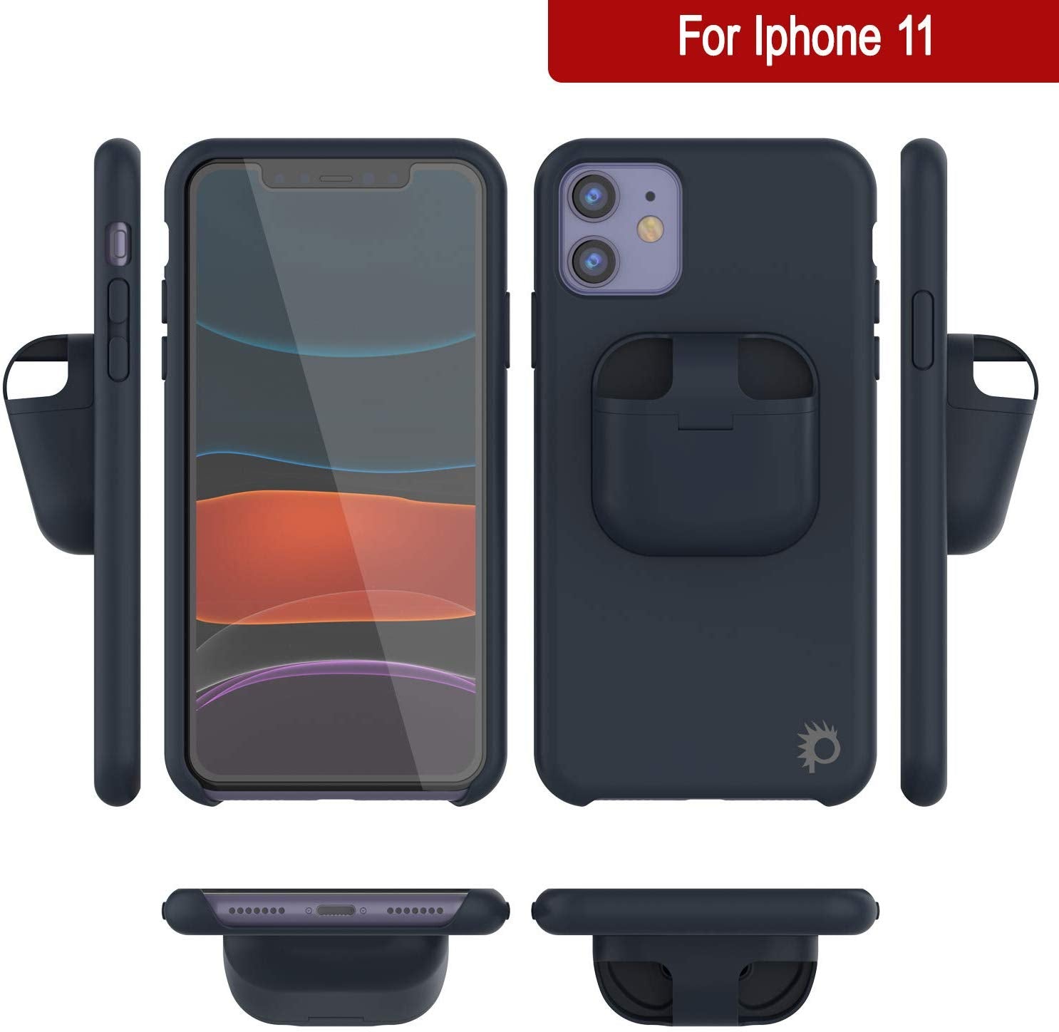 Punkcase iPhone 11 Airpods Case Holder (CenterPods Series) | Slim & Durable 2 in 1 Cover Designed for iPhone 11 (6.1") | Protects Your Phone & Stores Your AirPods Gen. 1 & 2 [Navy Blue]