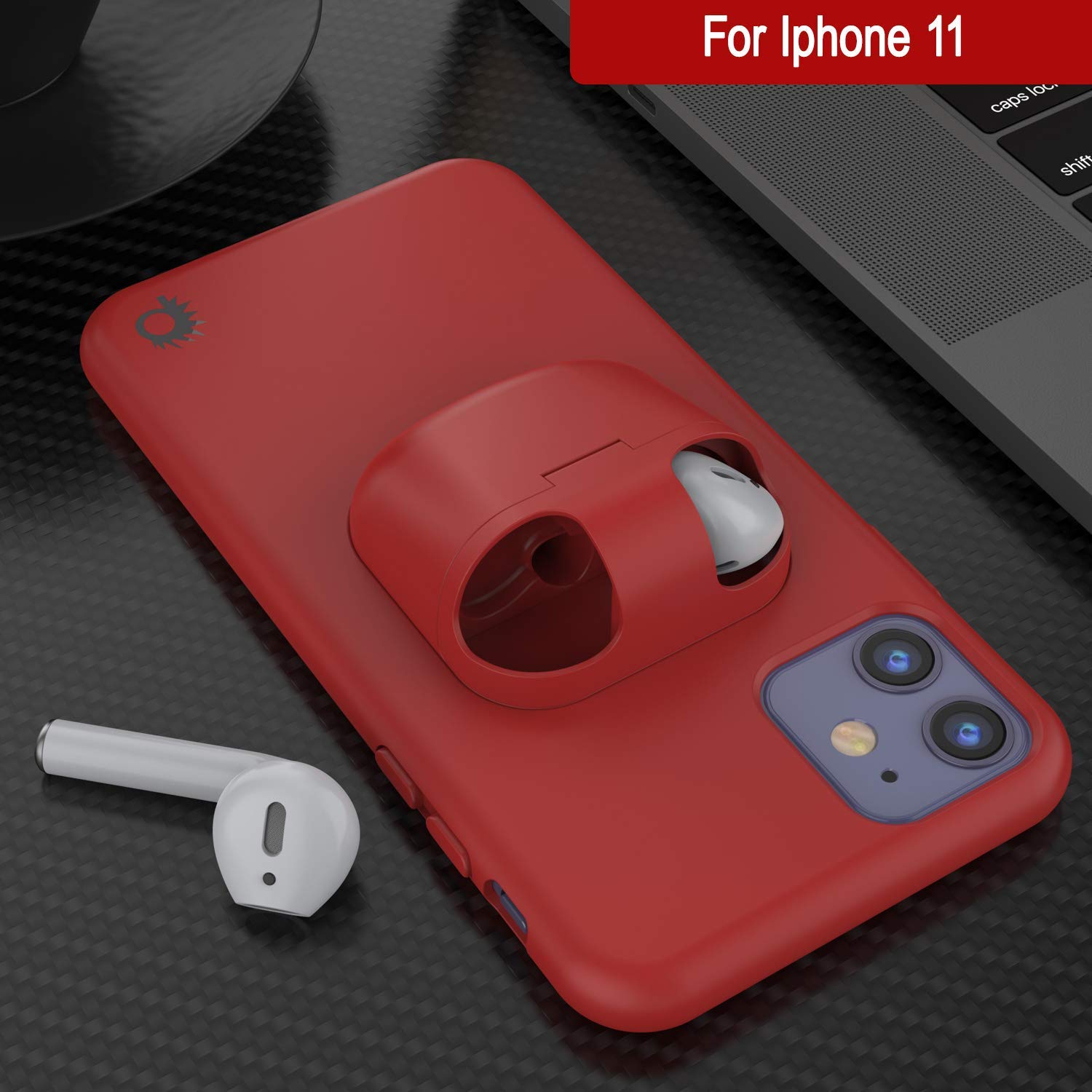 Punkcase iPhone 11 Airpods Case Holder (CenterPods Series) | Slim & Durable 2 in 1 Cover Designed for iPhone 11 (6.1") | Protects Your Phone & Stores Your AirPods Gen. 1 & 2 [Red]