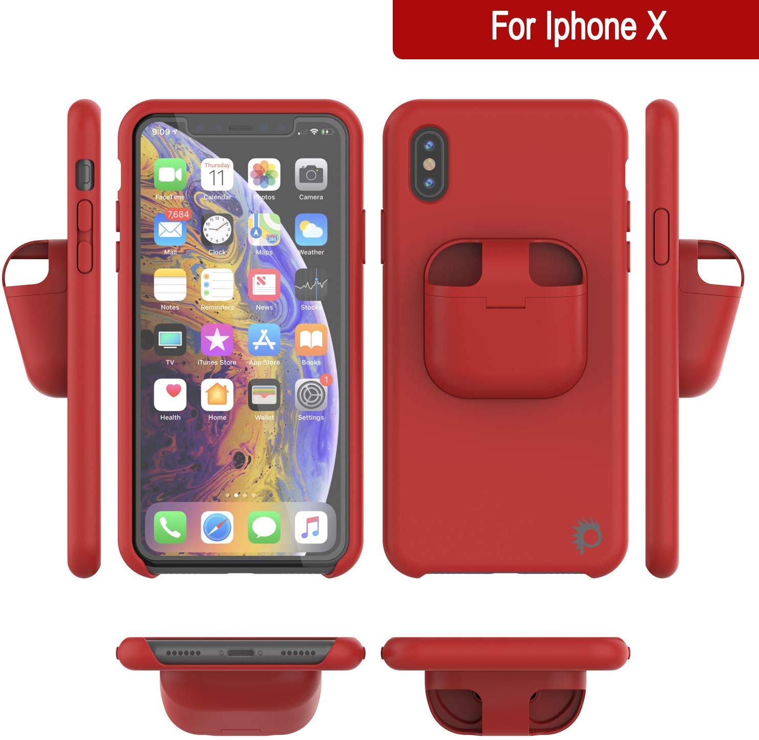 Punkcase iPhone X Airpods Case Holder (CenterPods Series) | Slim & Durable 2 in 1 Cover Designed for iPhone X (6.1") | Protects Your Phone & Stores Your AirPods Gen. 1 & 2 [Red]
