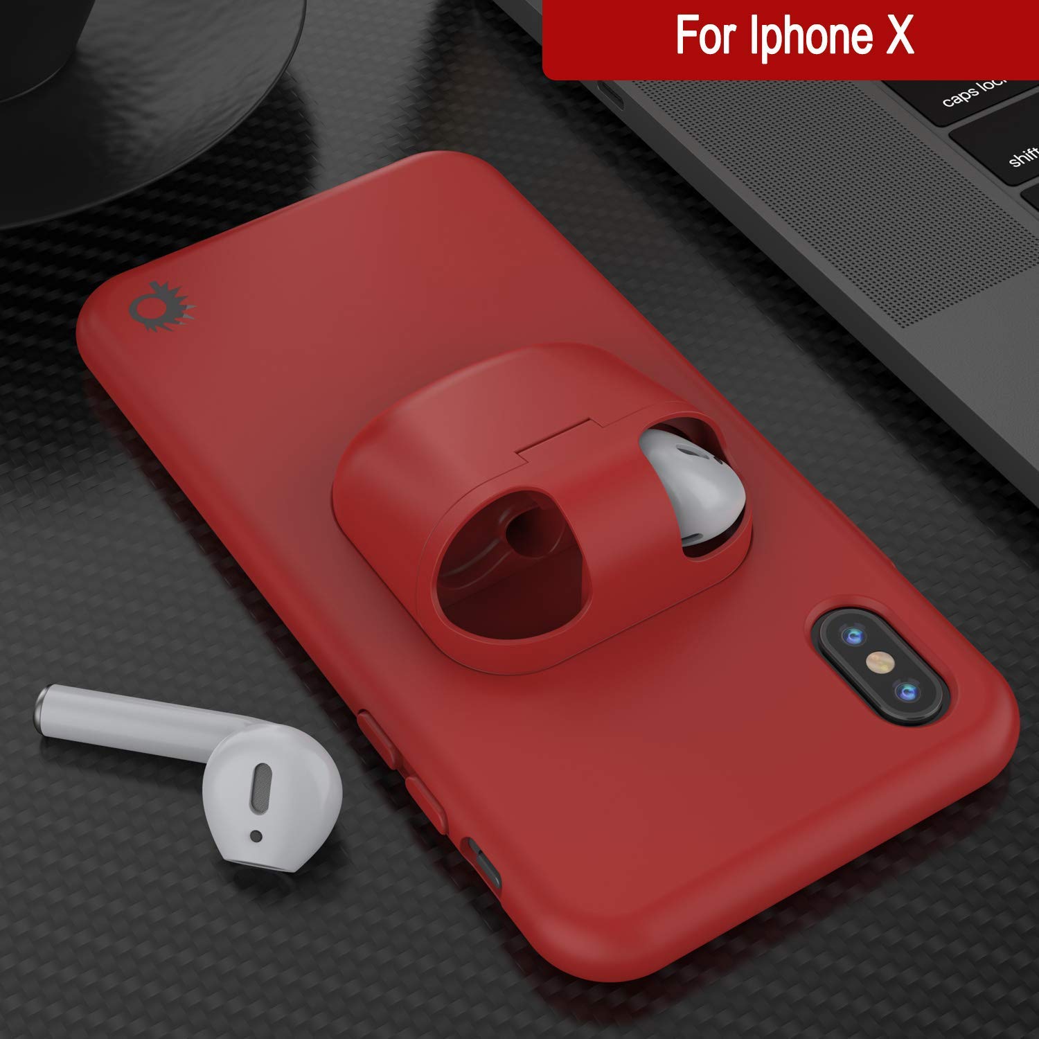 Punkcase iPhone X Airpods Case Holder (CenterPods Series) | Slim & Durable 2 in 1 Cover Designed for iPhone X (6.1") | Protects Your Phone & Stores Your AirPods Gen. 1 & 2 [Red]
