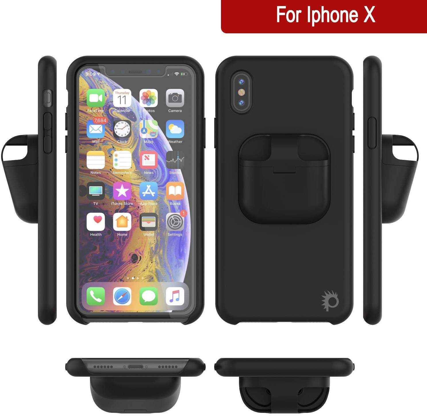 Punkcase iPhone X Airpods Case Holder (CenterPods Series) | Slim & Durable 2 in 1 Cover Designed for iPhone X (6.1") | Protects Your Phone & Stores Your AirPods Gen. 1 & 2 [Black]